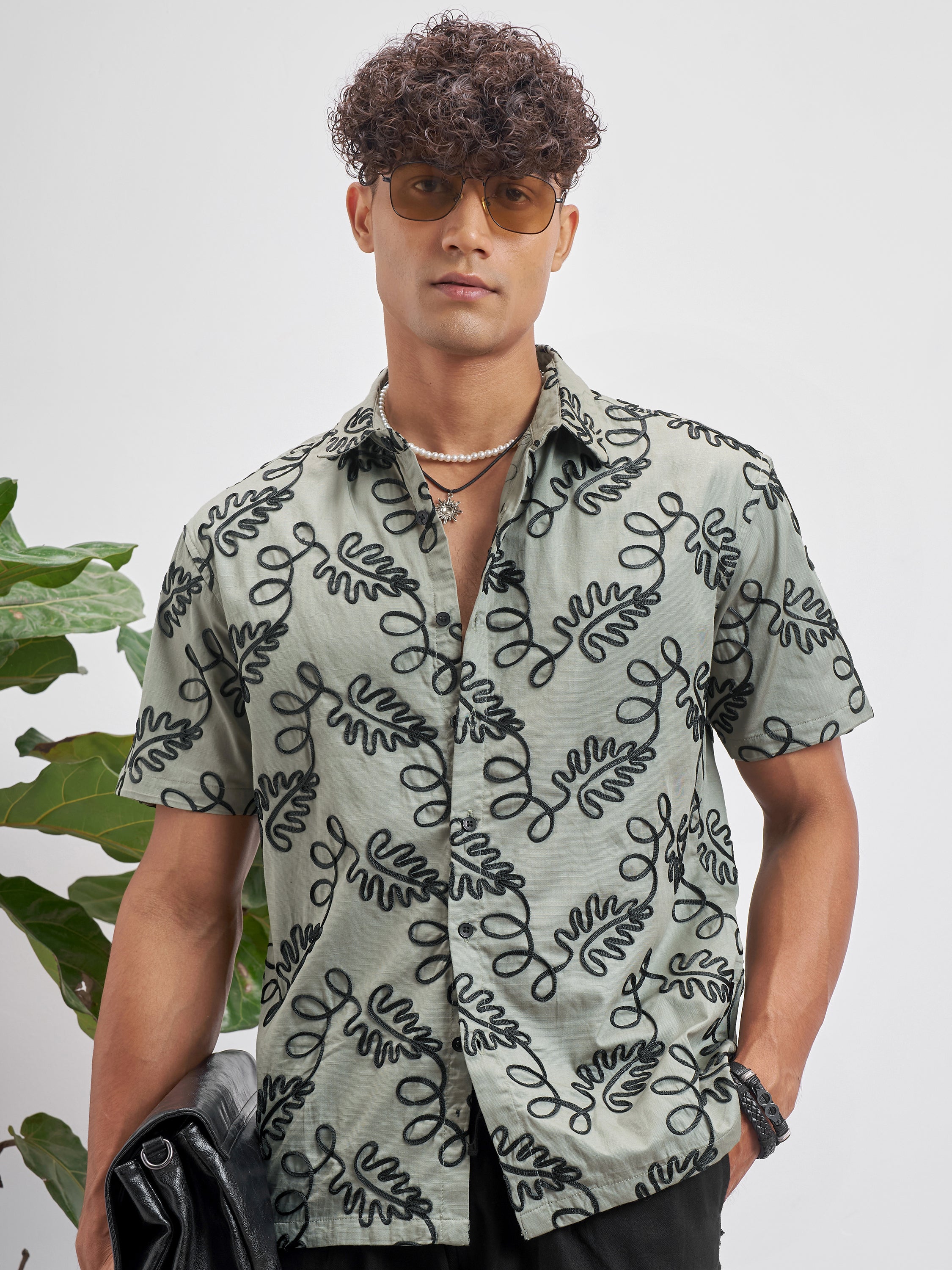 Highlander Men Olive Embroidered Relaxed Fit Casual Shirt - Olive - Image 1