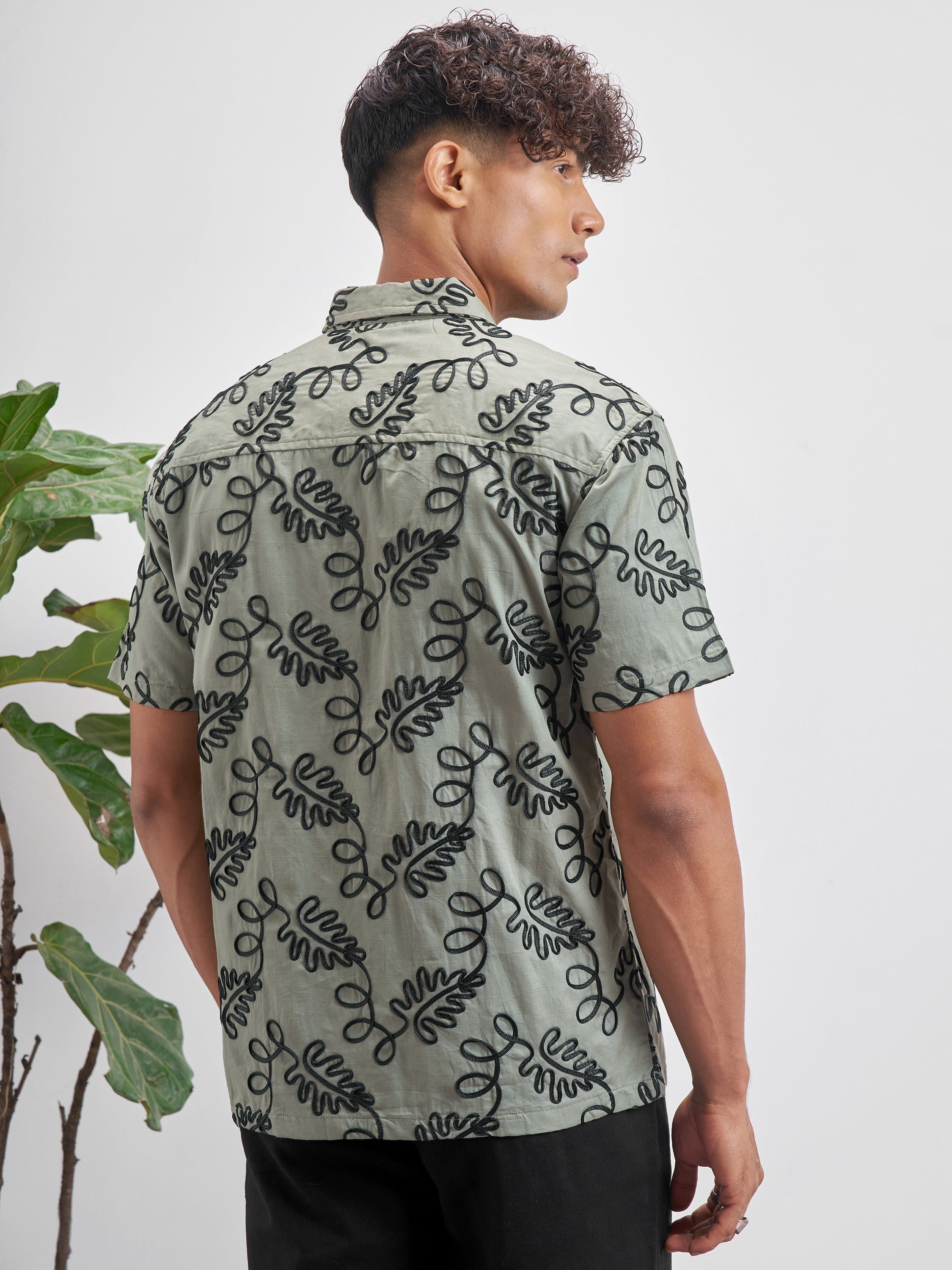Highlander Men Olive Embroidered Relaxed Fit Casual Shirt - Olive - Image 3