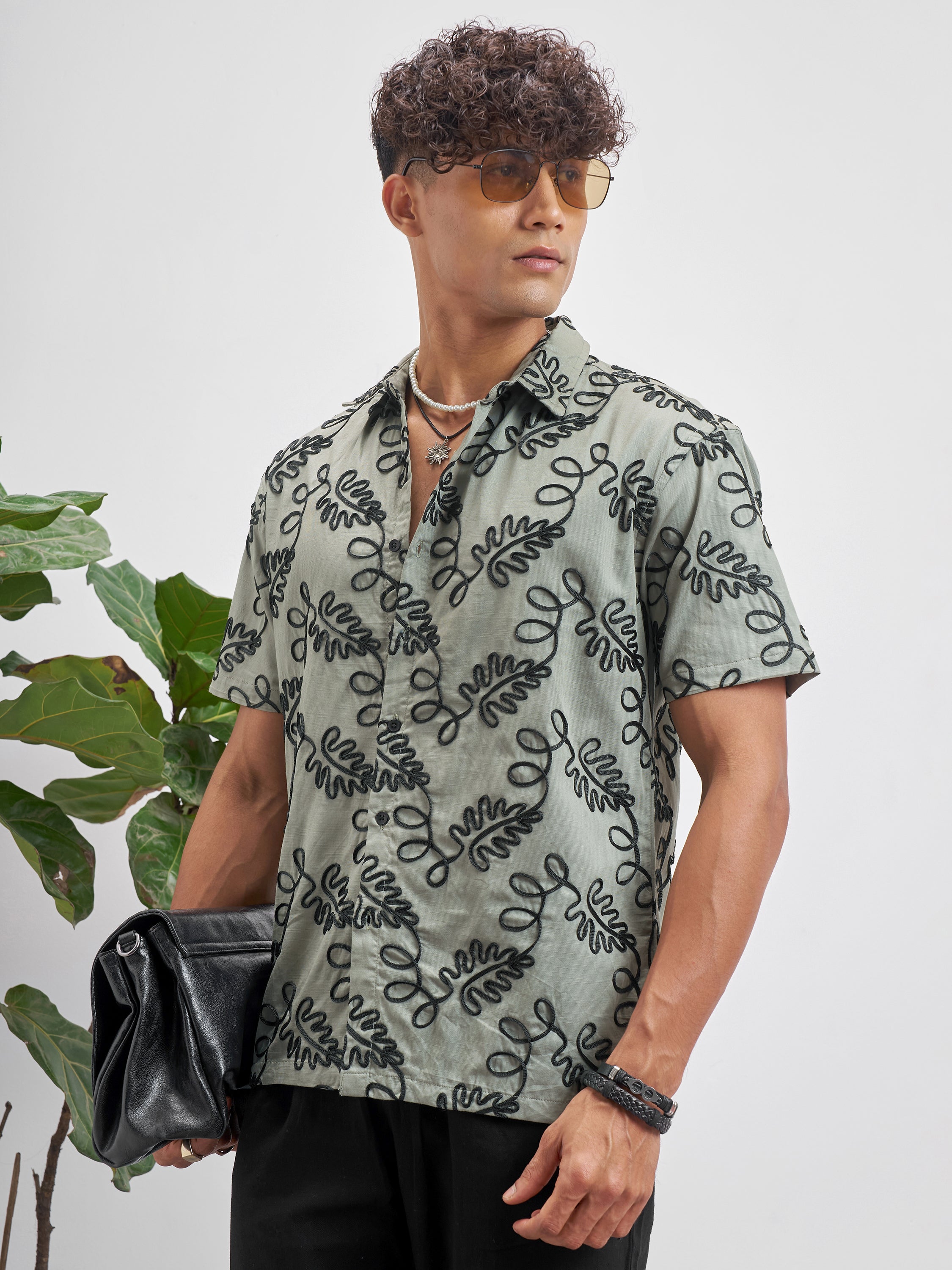 Highlander Men Olive Embroidered Relaxed Fit Casual Shirt - Olive - Image 4