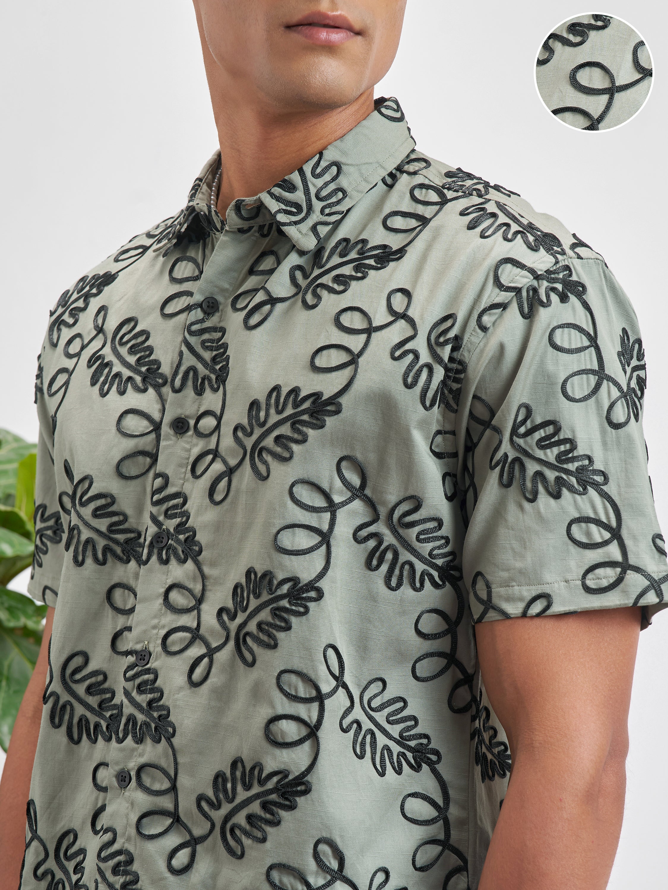 Highlander Men Olive Embroidered Relaxed Fit Casual Shirt - Olive - Image 5