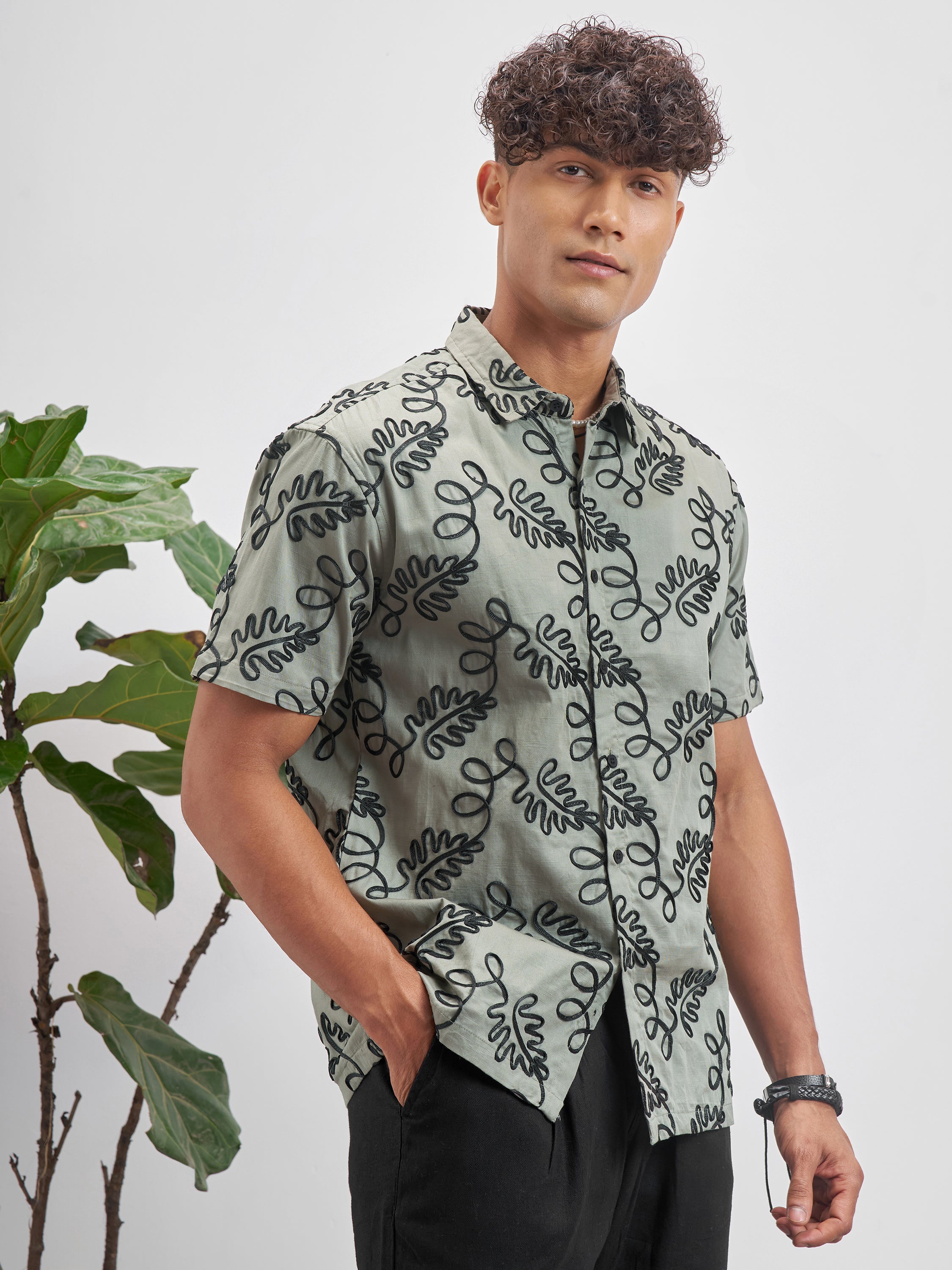 Highlander Men Olive Embroidered Relaxed Fit Casual Shirt - Olive - Image 6
