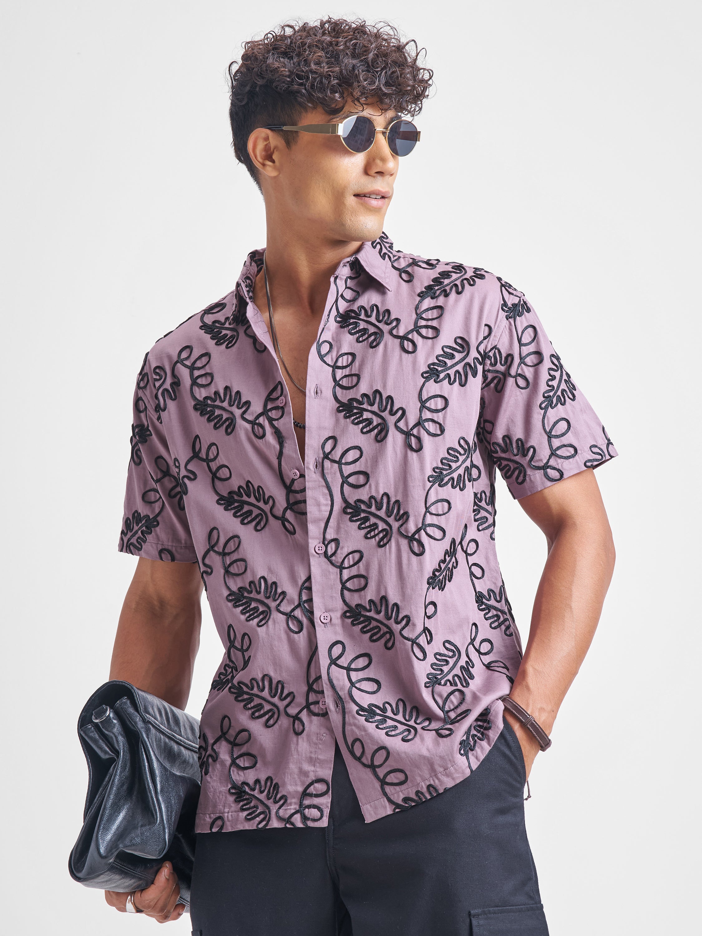 Highlander Men Lavender Embroidered Relaxed Fit Casual Shirt - Lavender - Image 1