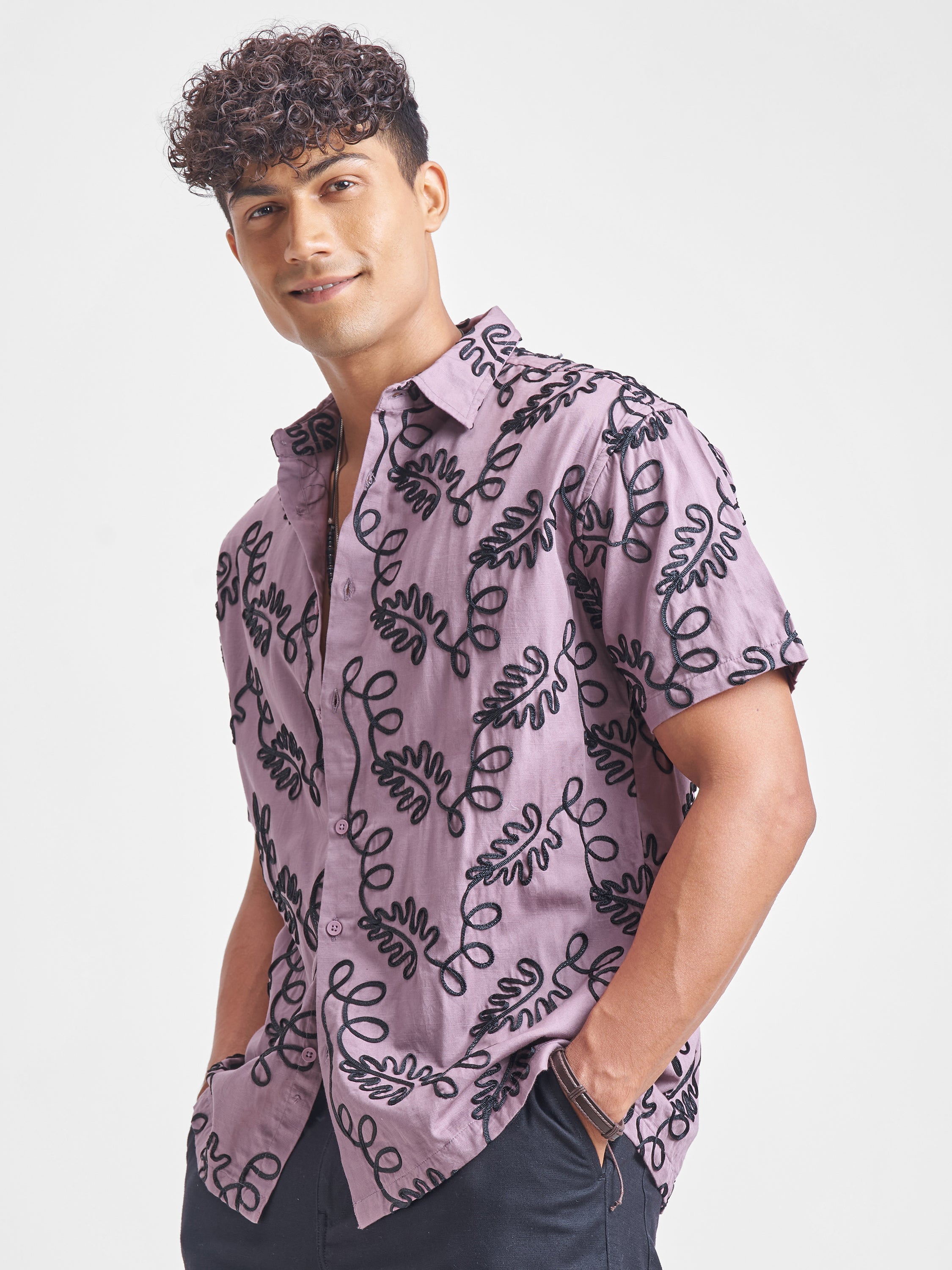 Highlander Men Lavender Embroidered Relaxed Fit Casual Shirt - Lavender - Image 4