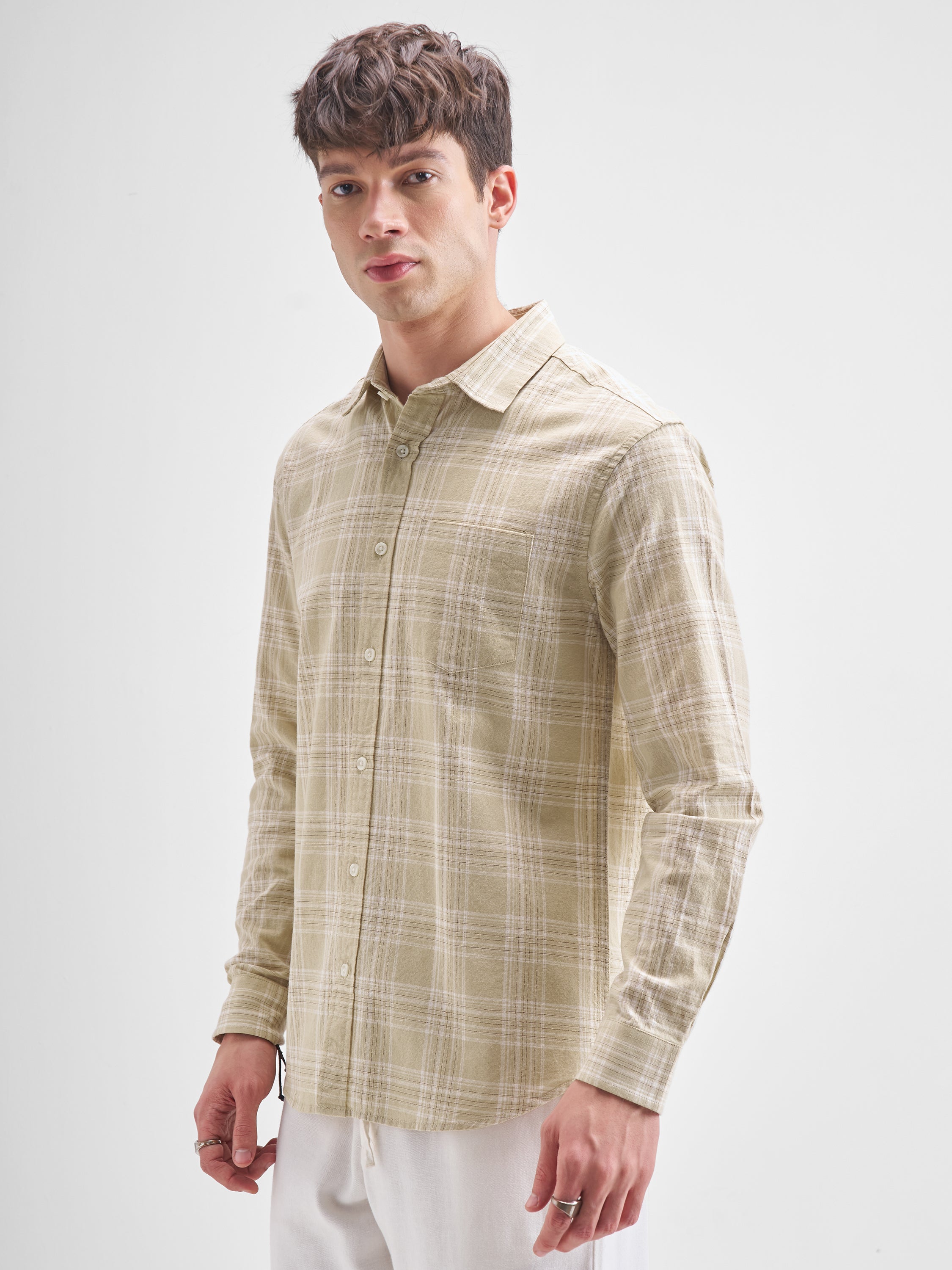 Highlander Men Beige Checked Relaxed Fit Casual Shirt - Beige - Image 4