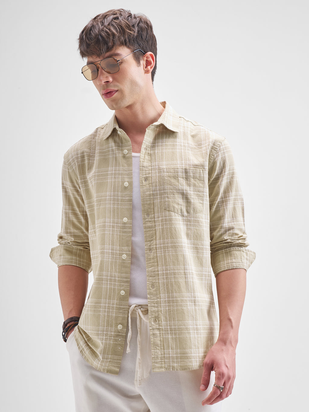 Highlander Men Beige Checked Relaxed Fit Casual Shirt - Beige - Image 6