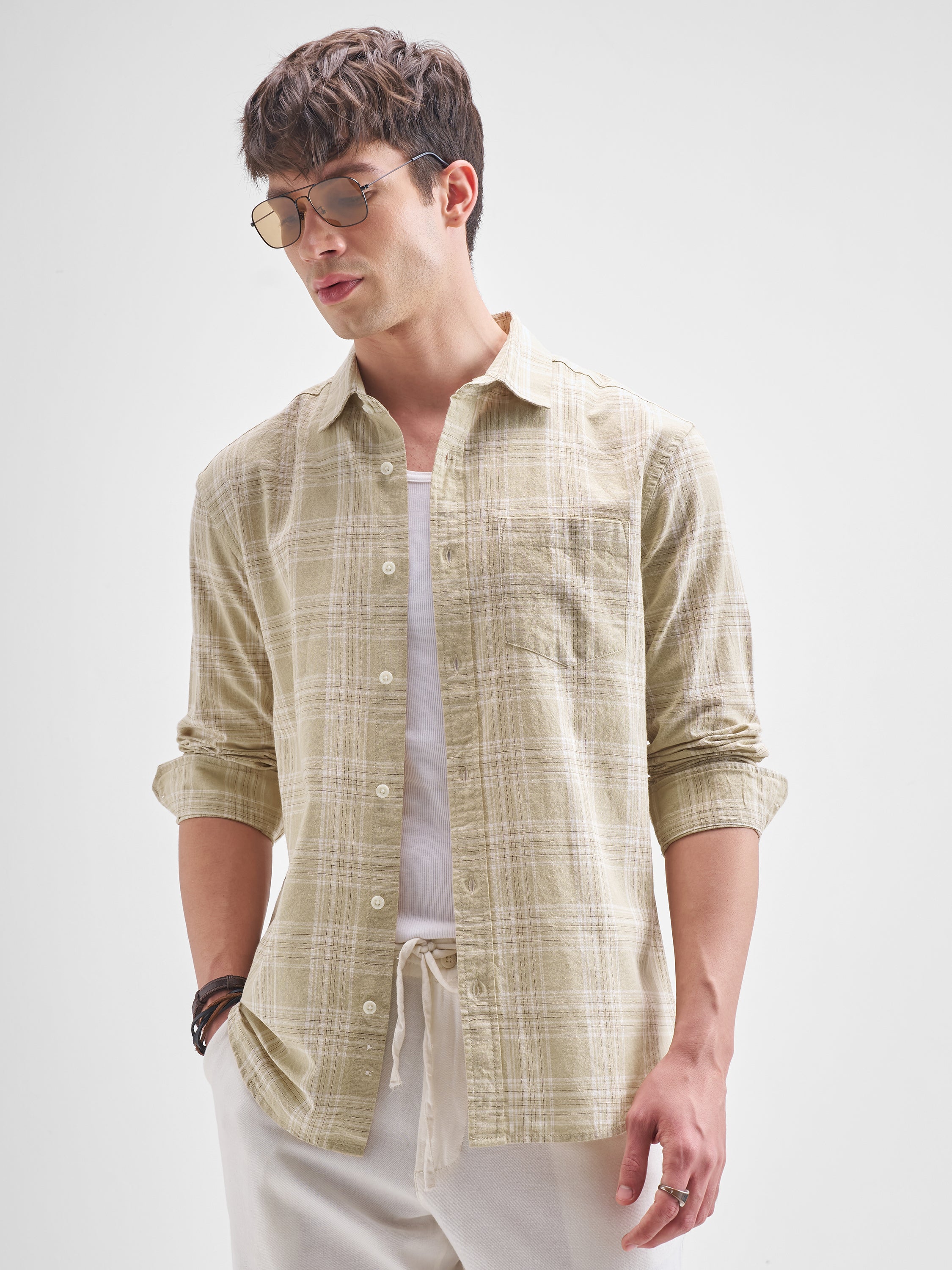 Highlander Men Beige Checked Relaxed Fit Casual Shirt - Beige - Image 6