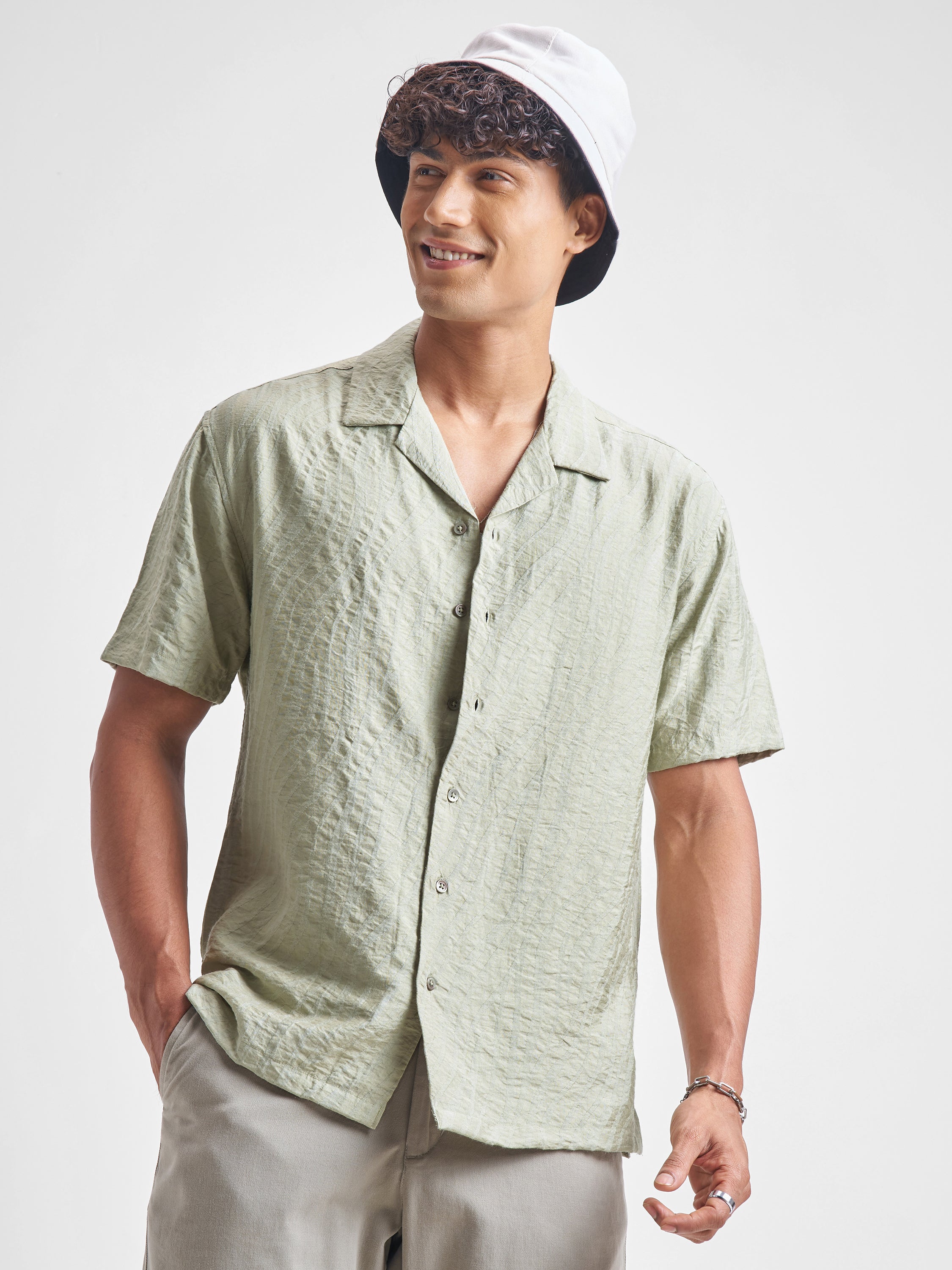 Highlander Men Green Self Design Relaxed Fit Casual Shirt - Green - Image 1