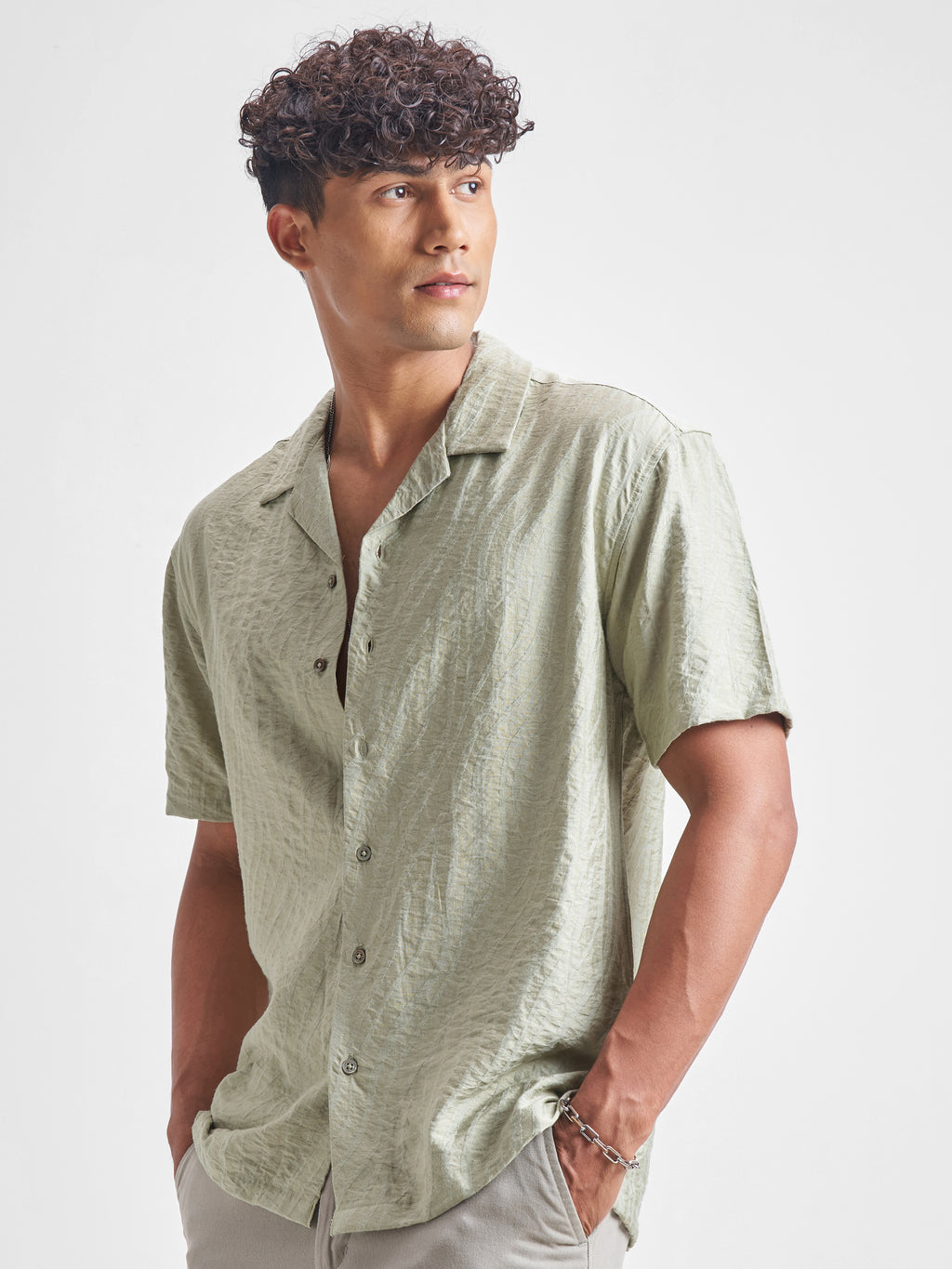 Highlander Men Green Self Design Relaxed Fit Casual Shirt - Green - Image 4