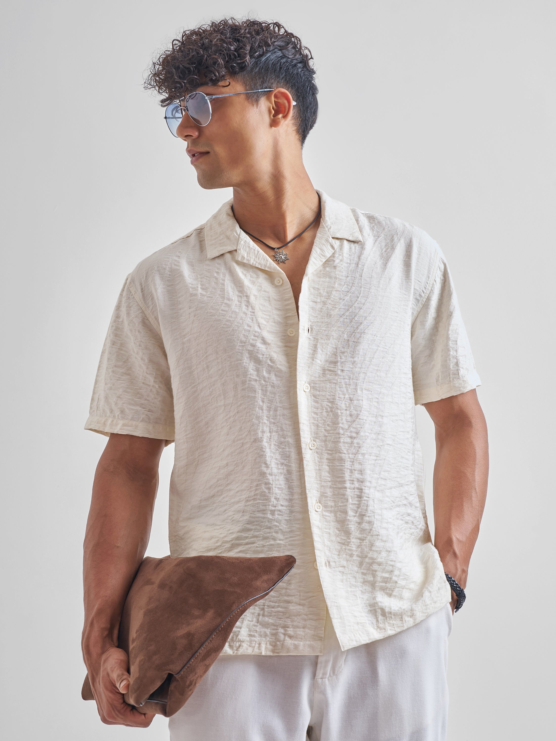 Highlander Men Cream Self Design Relaxed Fit Casual Shirt - Cream - Image 1