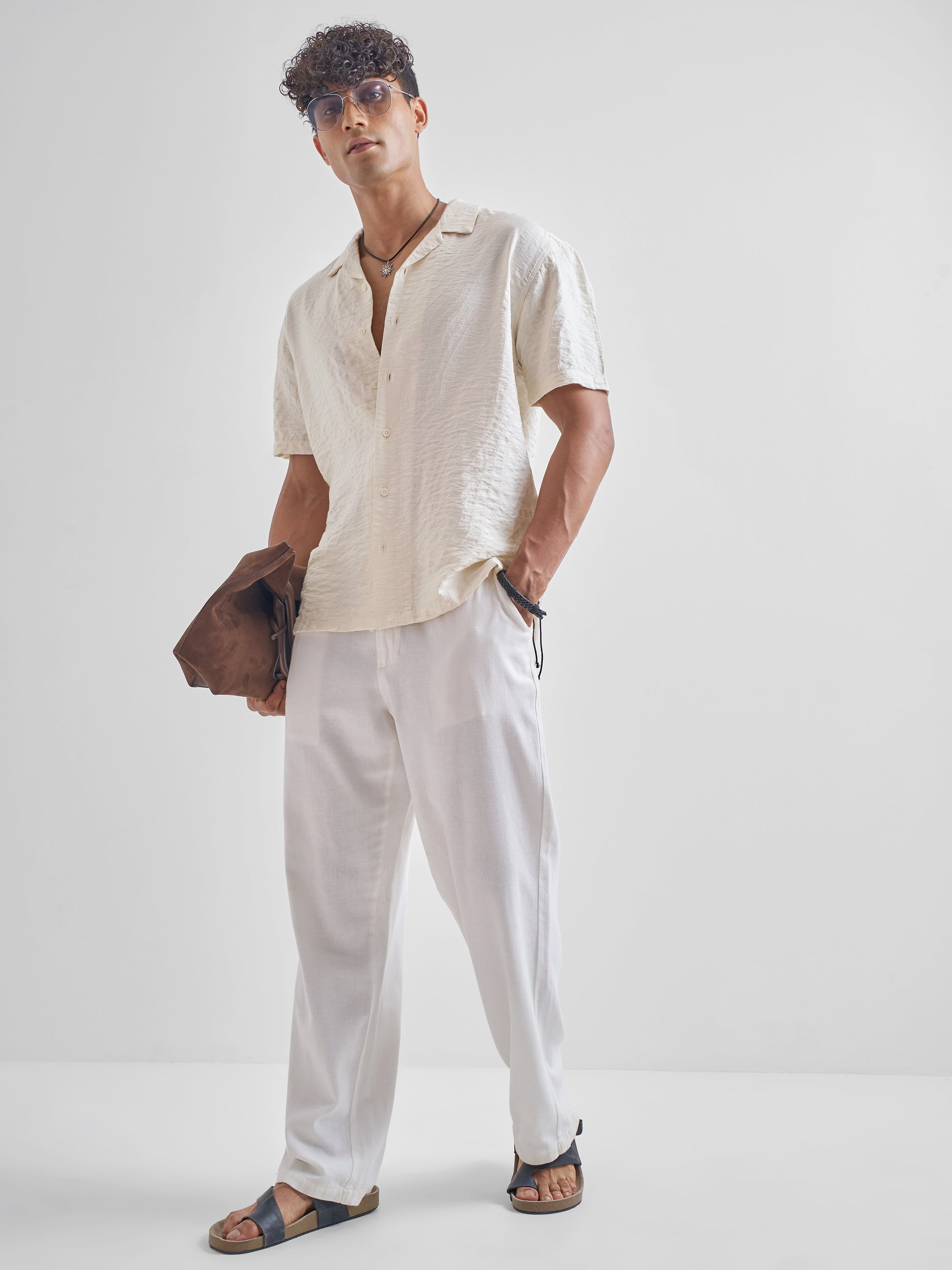 Highlander Men Cream Self Design Relaxed Fit Casual Shirt - Cream - Image 2