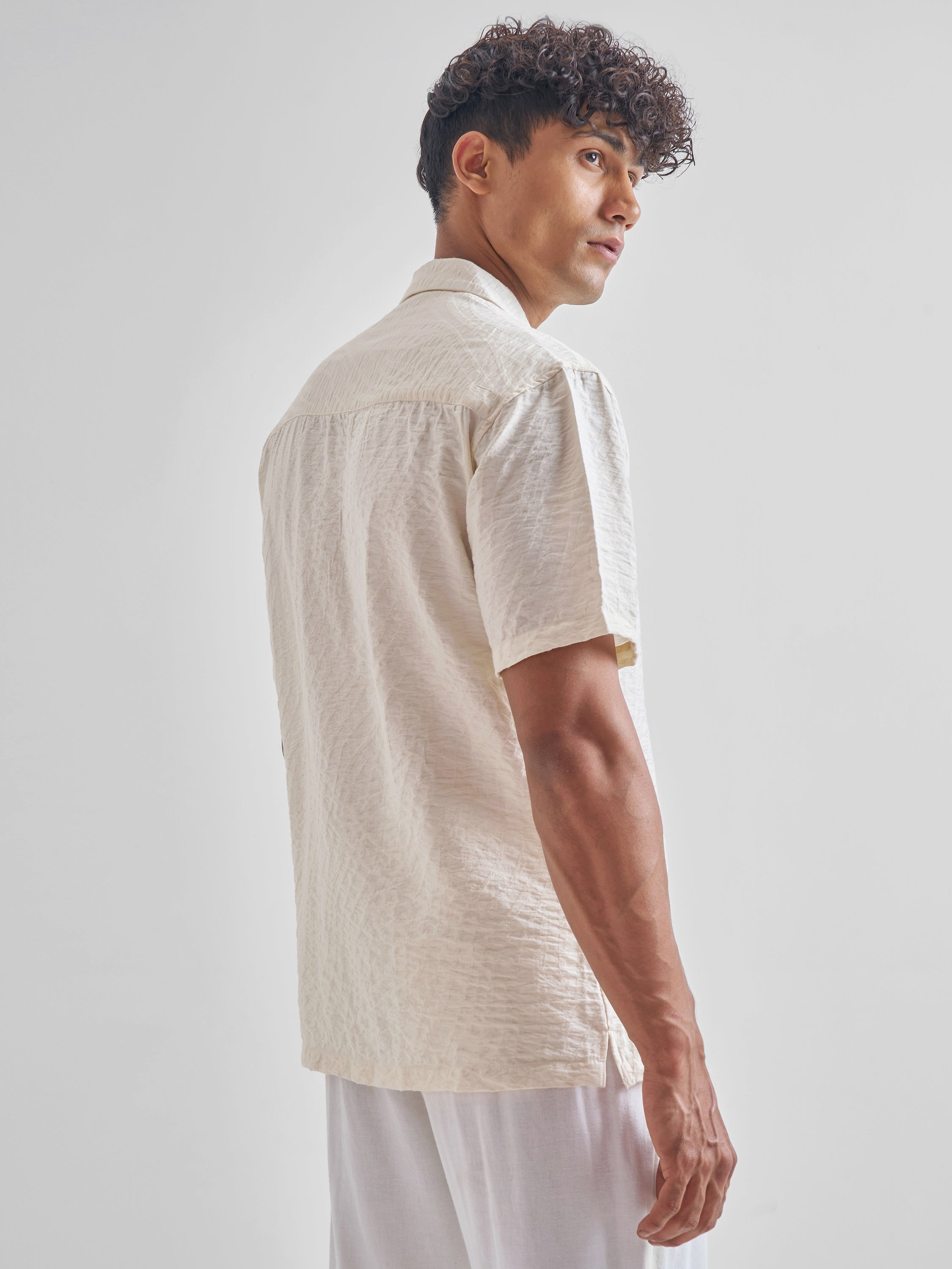 Highlander Men Cream Self Design Relaxed Fit Casual Shirt - Cream - Image 3