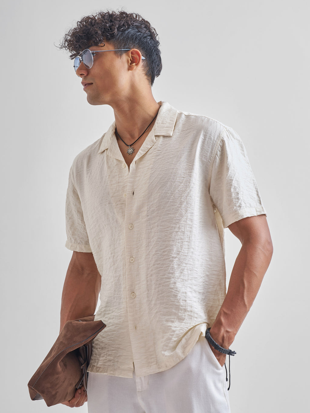 Highlander Men Cream Self Design Relaxed Fit Casual Shirt - Cream - Image 4