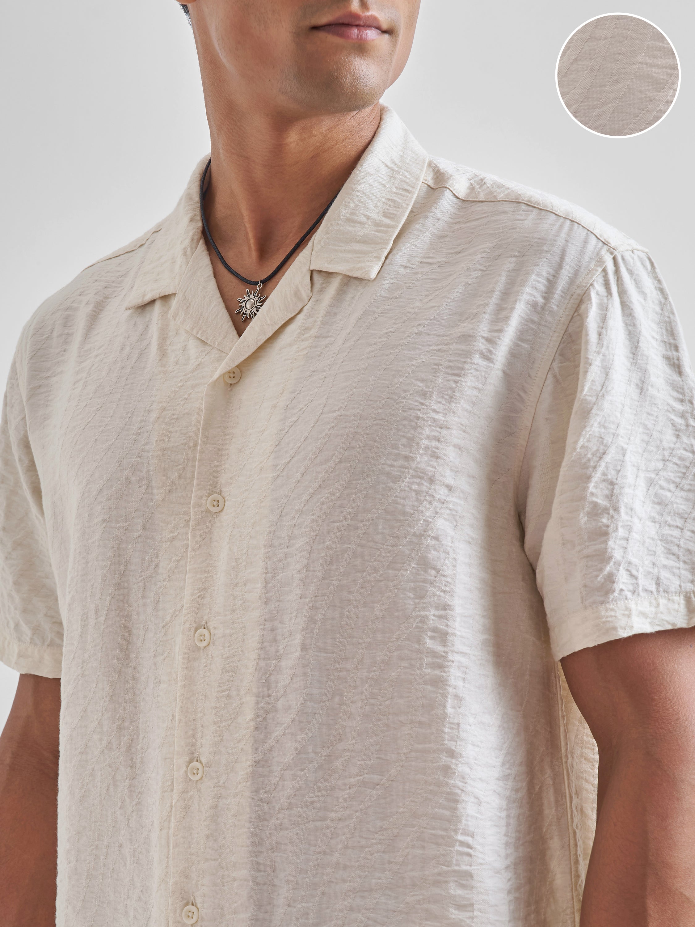 Highlander Men Cream Self Design Relaxed Fit Casual Shirt - Cream - Image 5