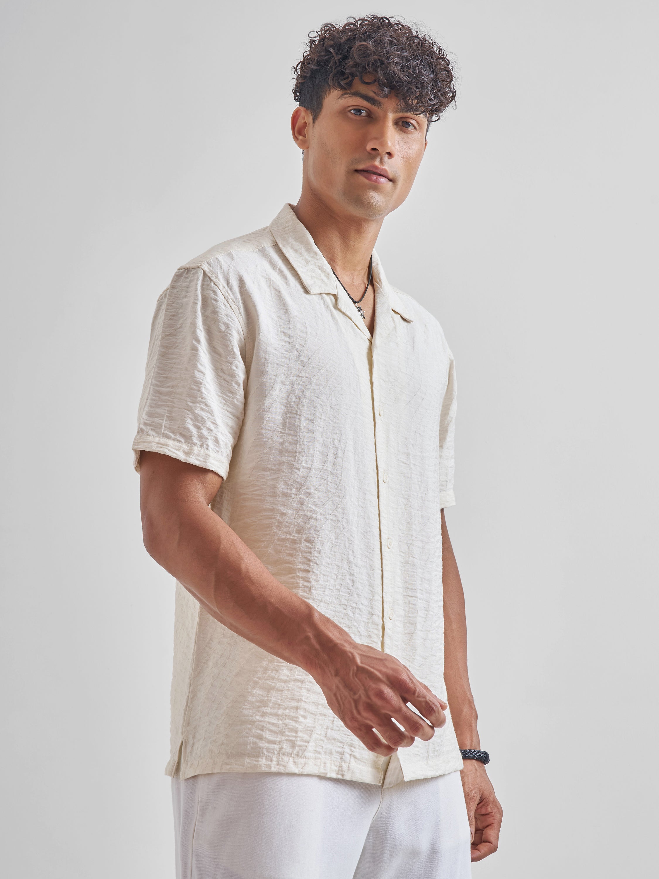 Highlander Men Cream Self Design Relaxed Fit Casual Shirt - Cream - Image 6