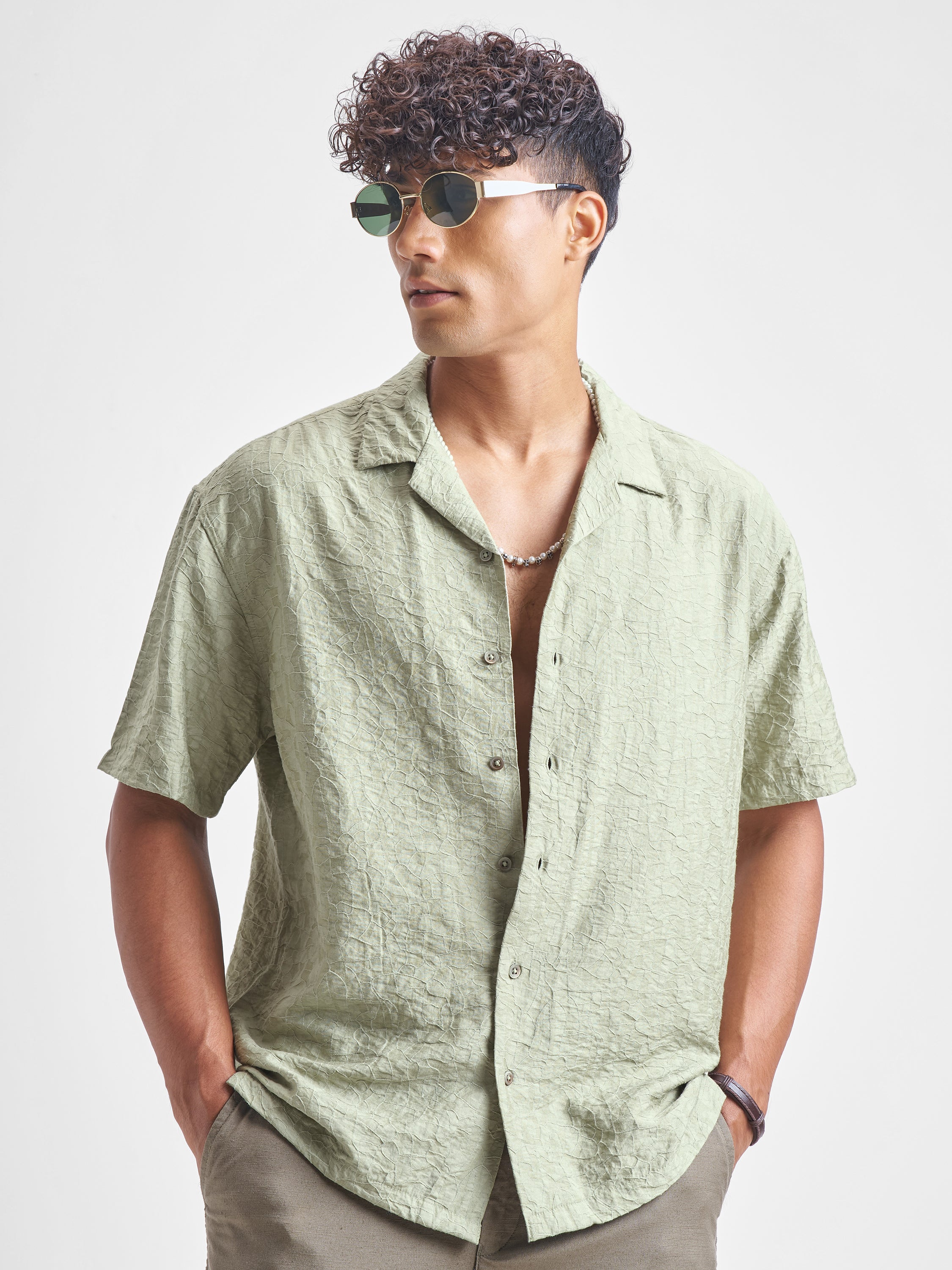 Highlander Men Green Self Design Relaxed Fit Casual Shirt - Green - Image 1