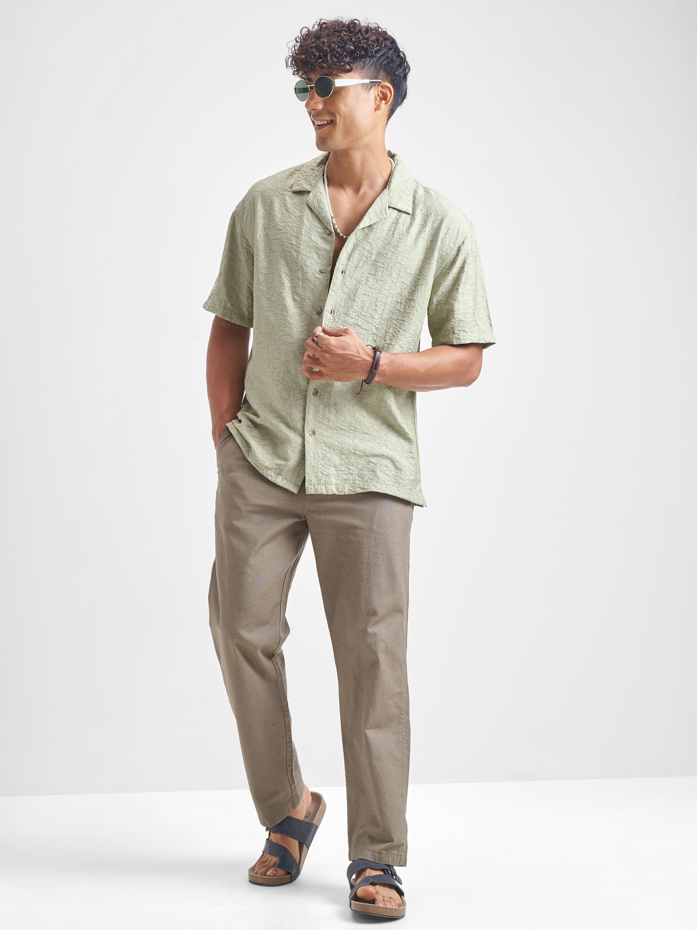 Highlander Men Green Self Design Relaxed Fit Casual Shirt - Green - Image 2