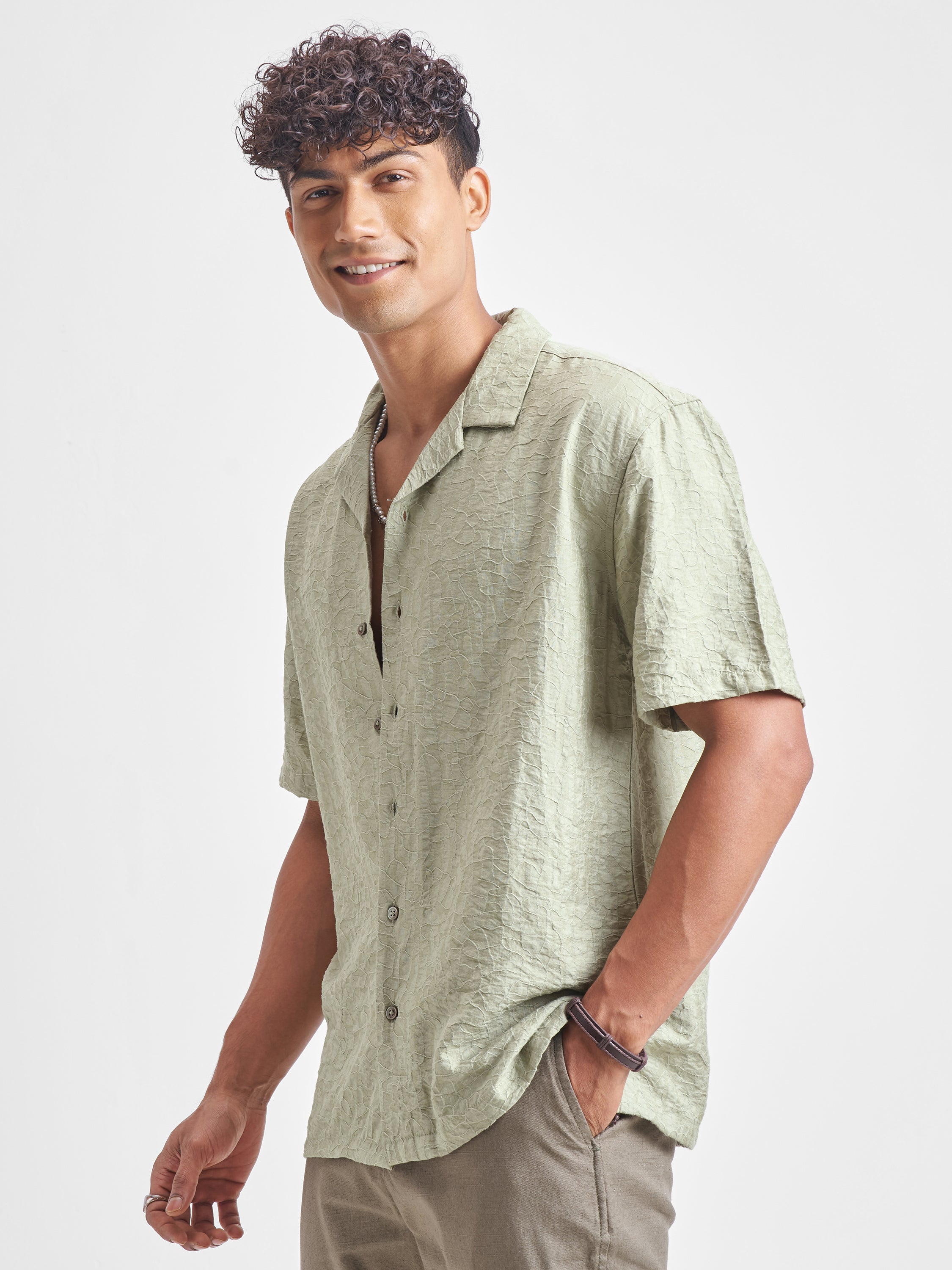 Highlander Men Green Self Design Relaxed Fit Casual Shirt - Green - Image 4