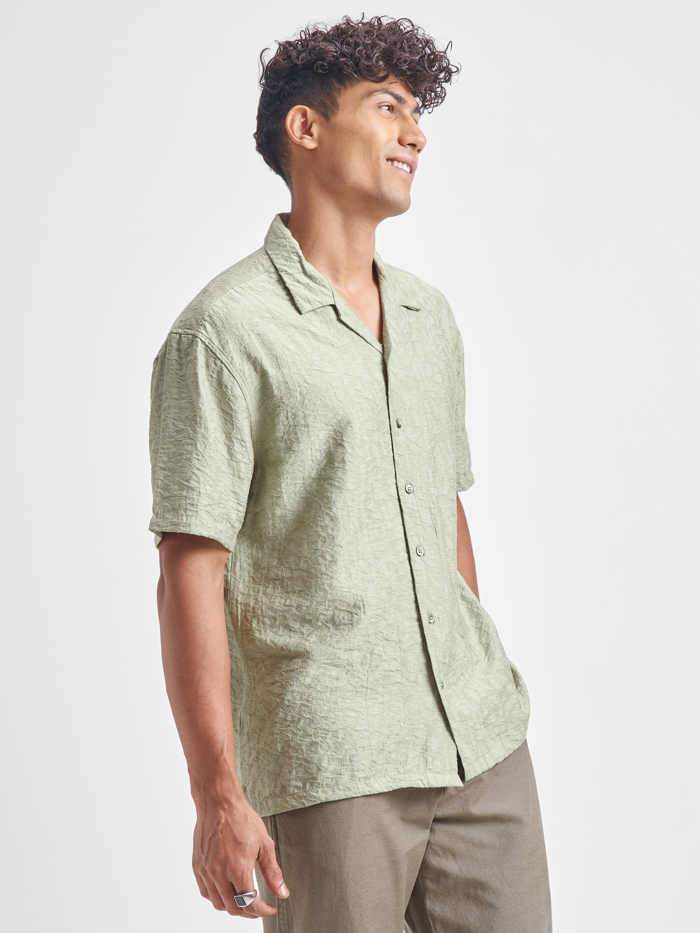 Highlander Men Green Self Design Relaxed Fit Casual Shirt - Green - Image 6