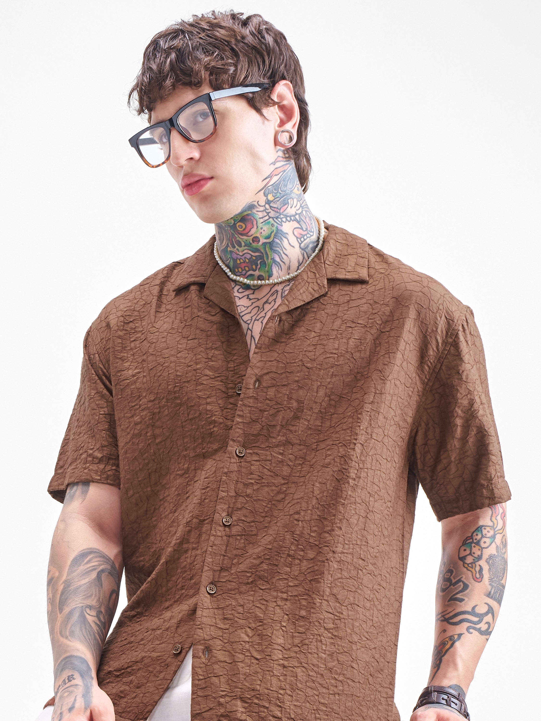 Highlander Men Brown Crushed Relaxed Fit Casual Shirt - Brown - Image 1