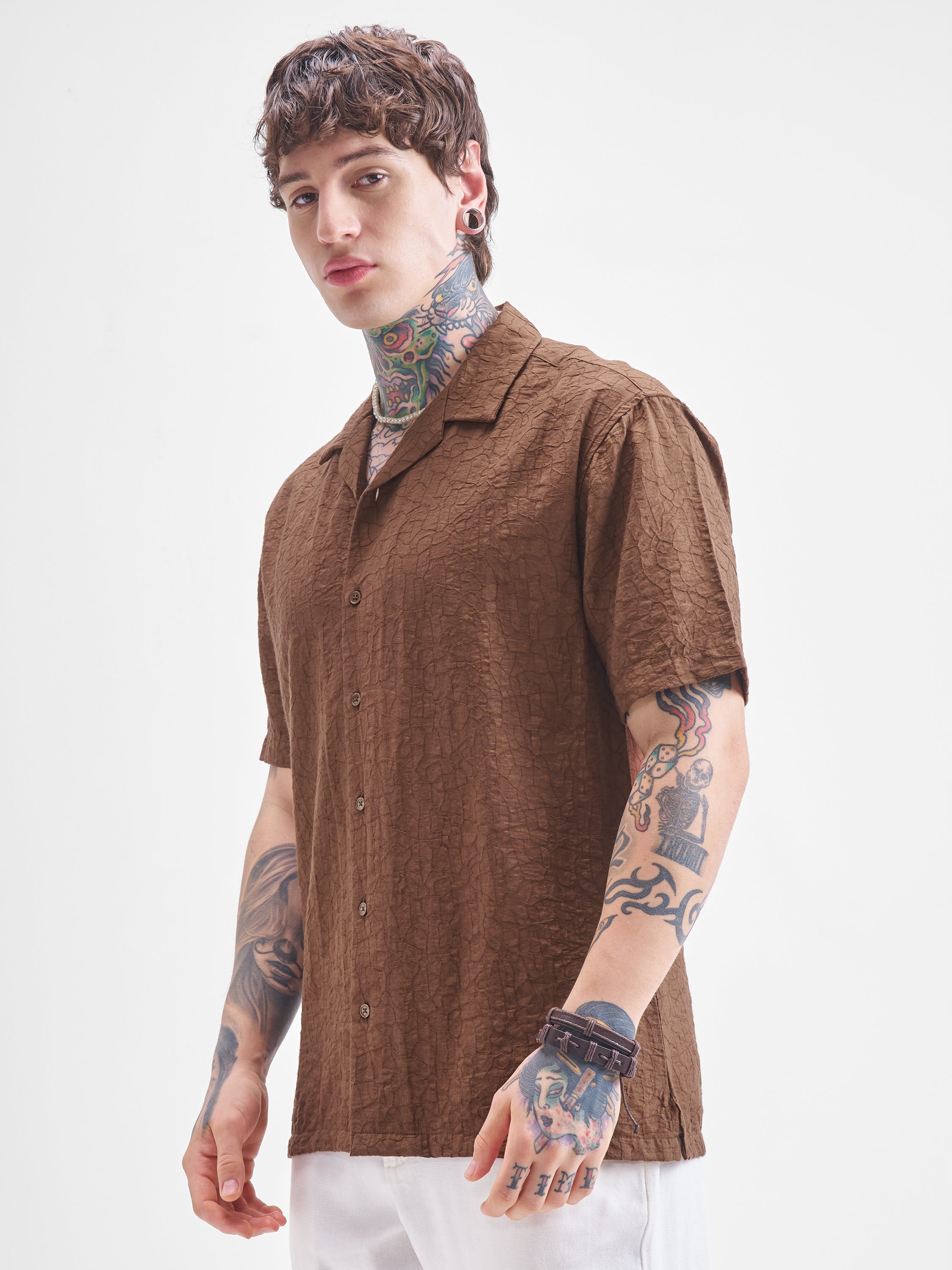 Highlander Men Brown Crushed Relaxed Fit Casual Shirt - Brown - Image 4