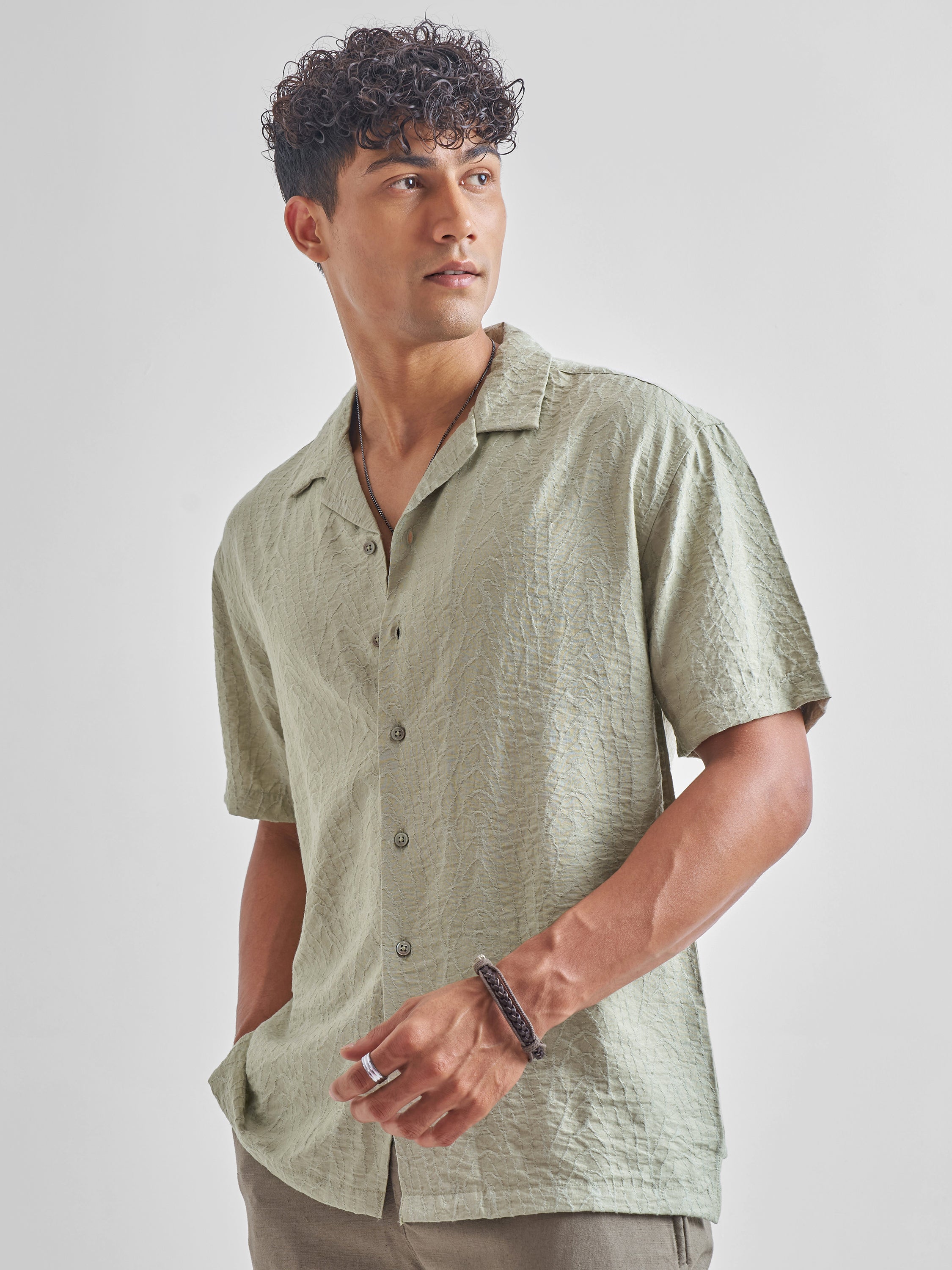 Highlander Men Green Self Design Relaxed Fit Casual Shirt - Green - Image 4
