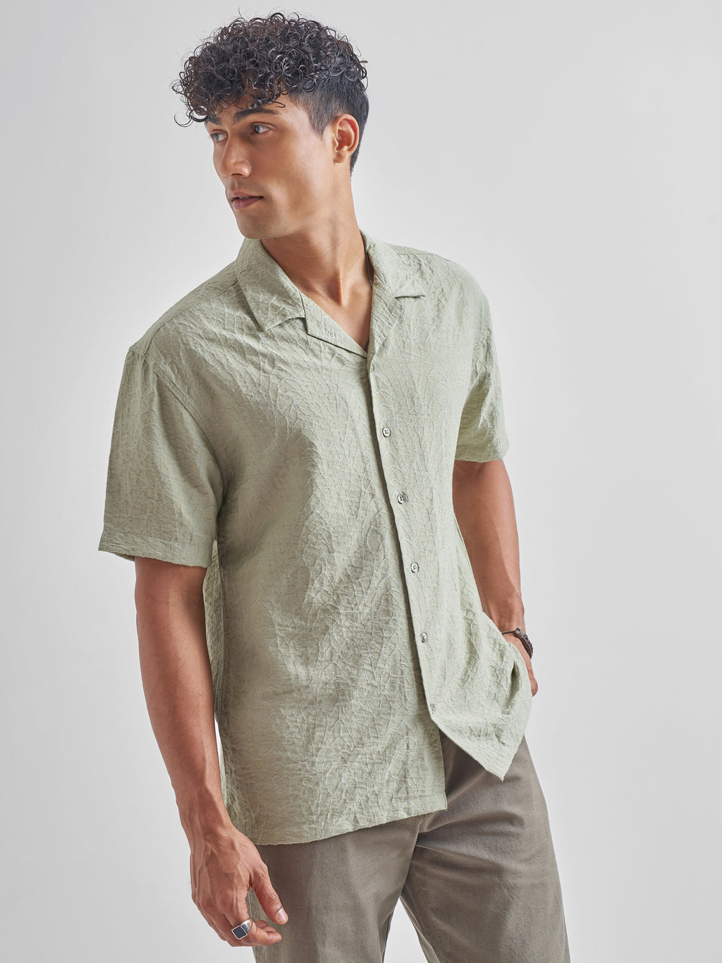 Highlander Men Green Self Design Relaxed Fit Casual Shirt - Green - Image 6