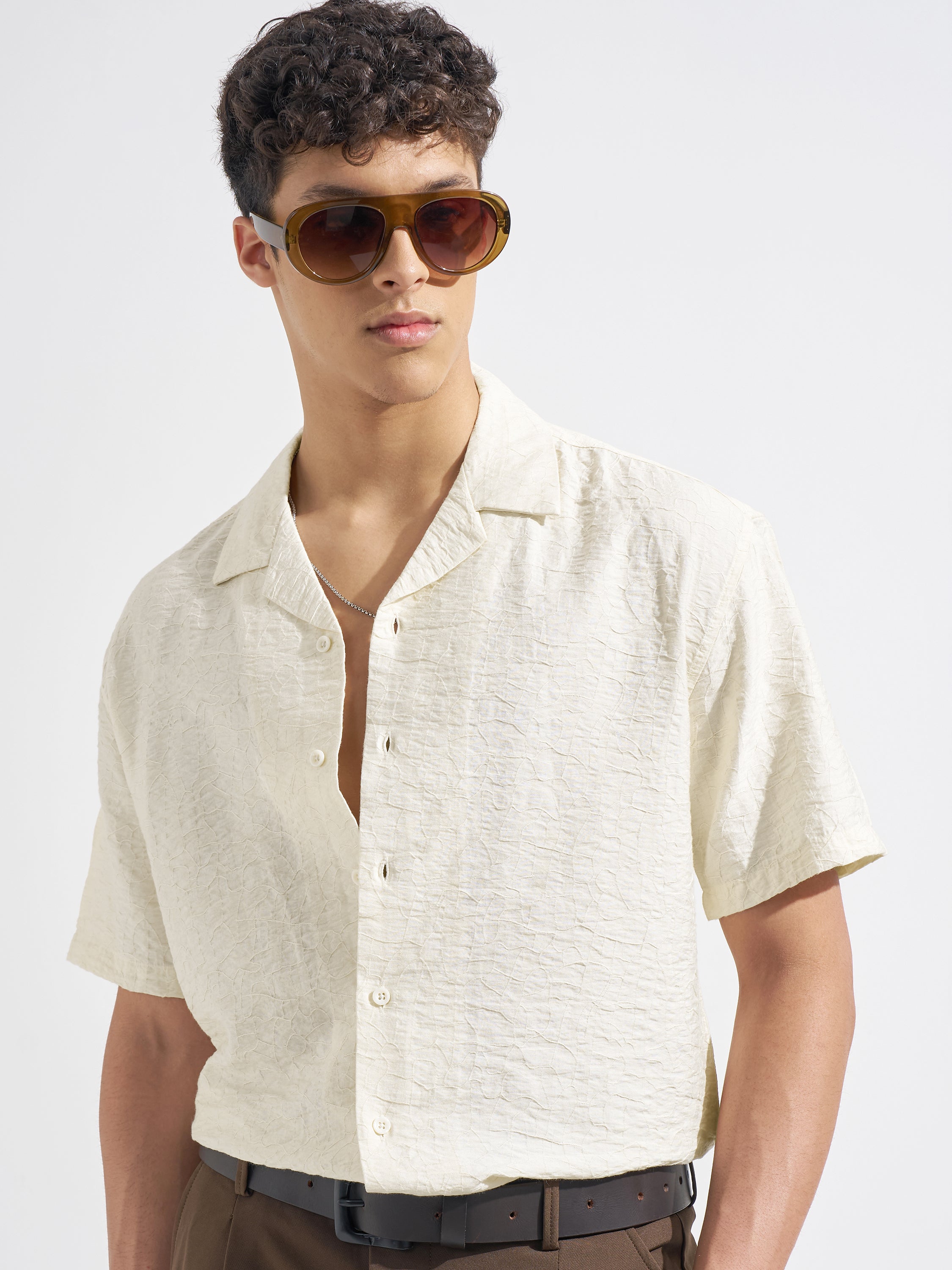 Highlander Men Cream Self Design Relaxed Fit Casual Shirt