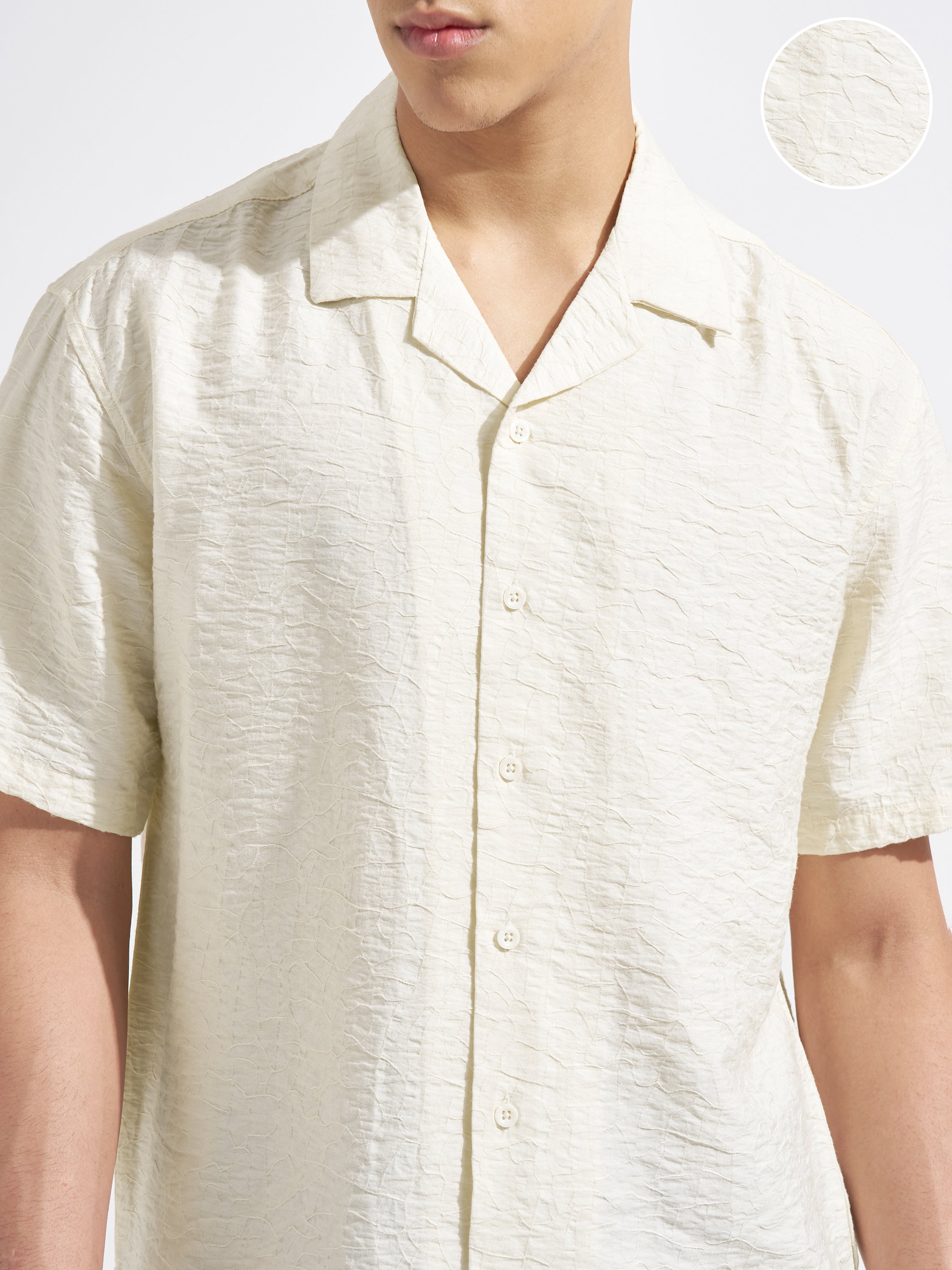 Highlander Men Cream Self Design Relaxed Fit Casual Shirt