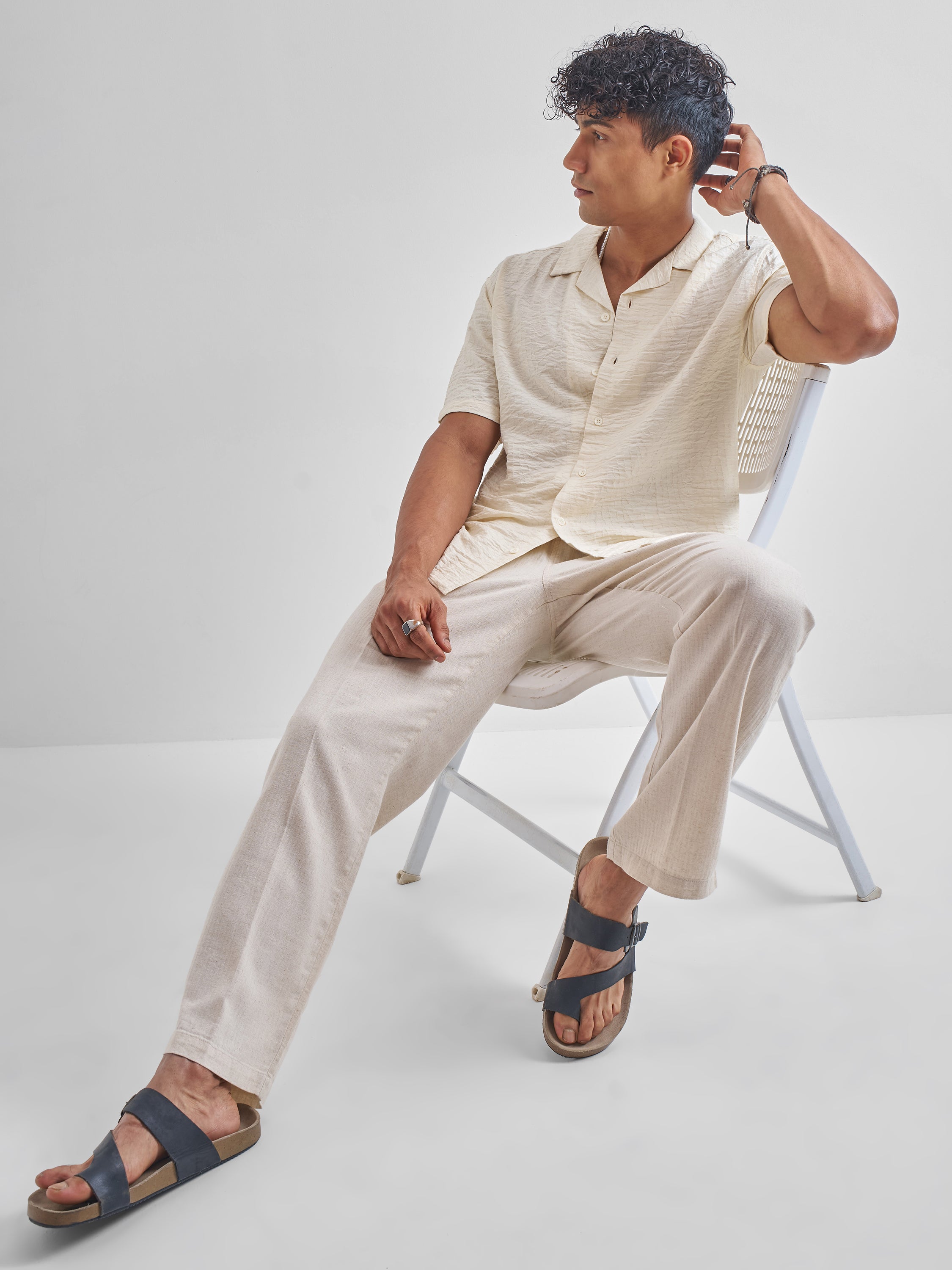 Highlander Men Cream Self Design Relaxed Fit Casual Shirt - Cream - Image 2