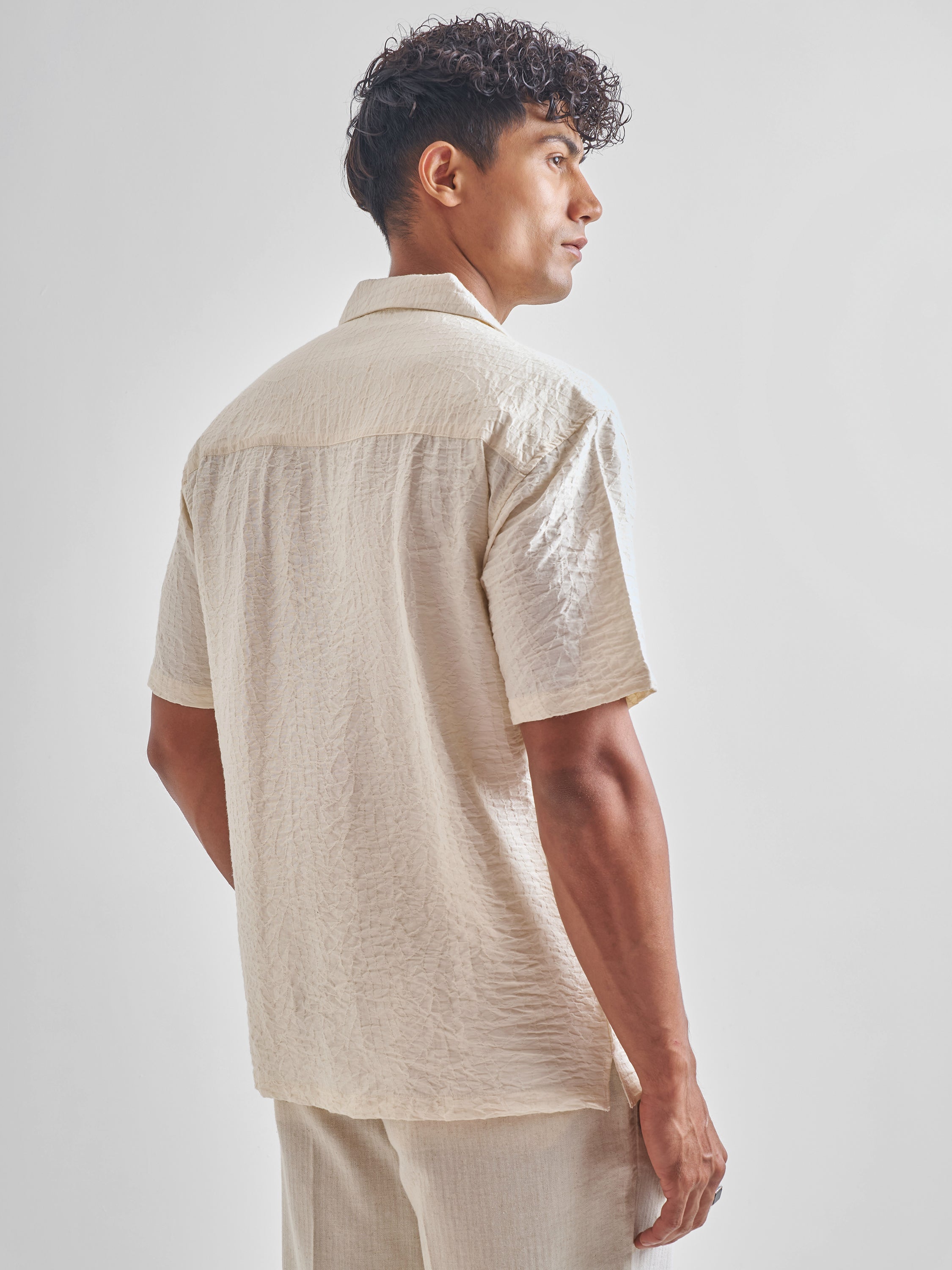 Highlander Men Cream Self Design Relaxed Fit Casual Shirt - Cream - Image 3