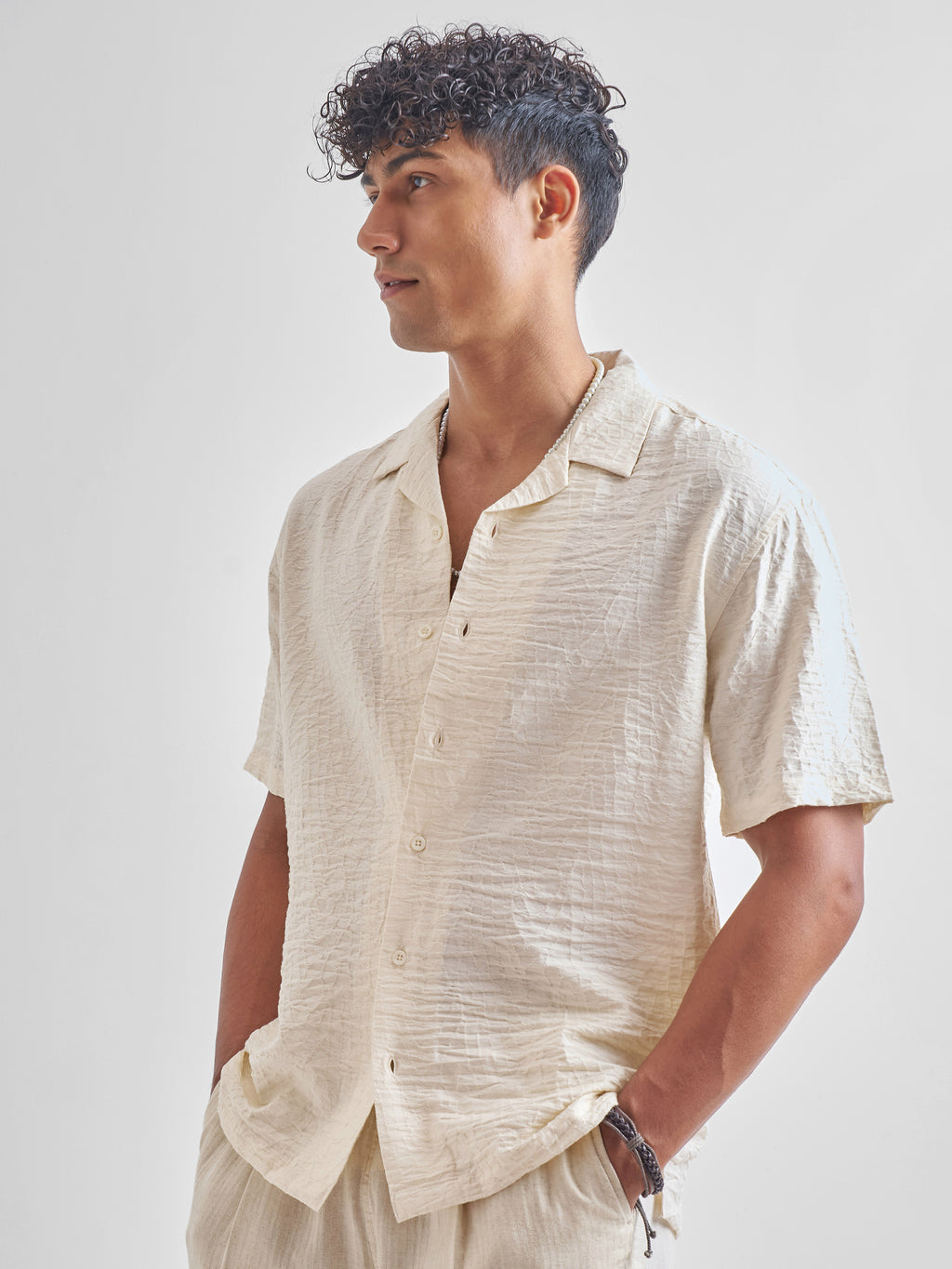 Highlander Men Cream Self Design Relaxed Fit Casual Shirt - Cream - Image 4