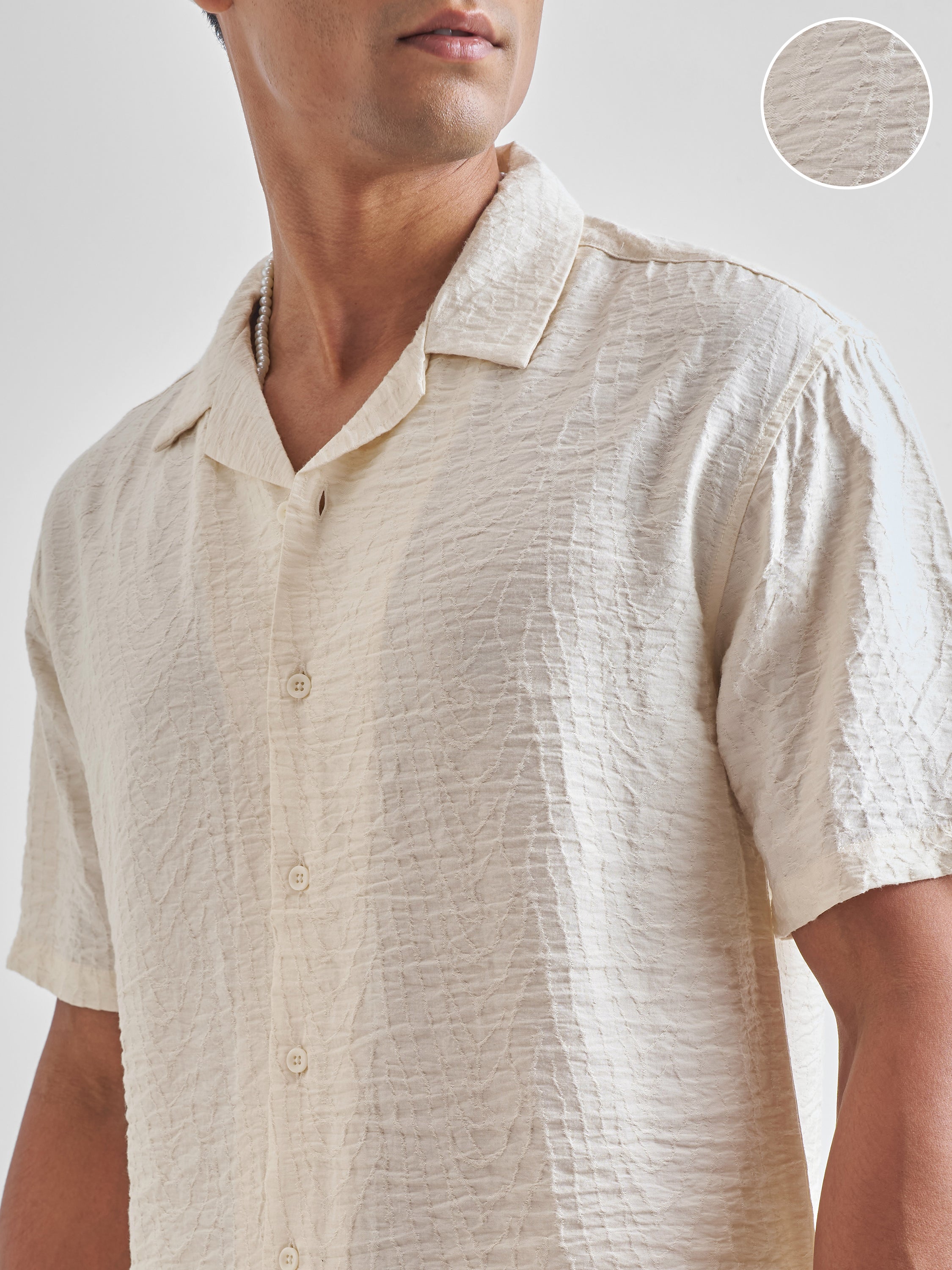 Highlander Men Cream Self Design Relaxed Fit Casual Shirt - Cream - Image 5