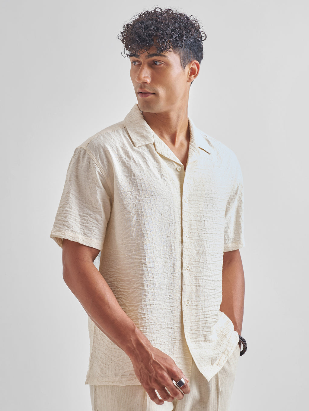 Highlander Men Cream Self Design Relaxed Fit Casual Shirt - Cream - Image 6
