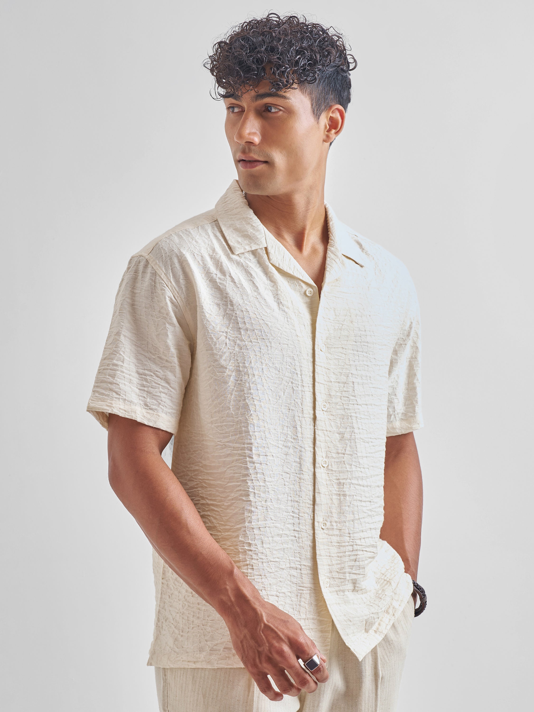Highlander Men Cream Self Design Relaxed Fit Casual Shirt - Cream - Image 6
