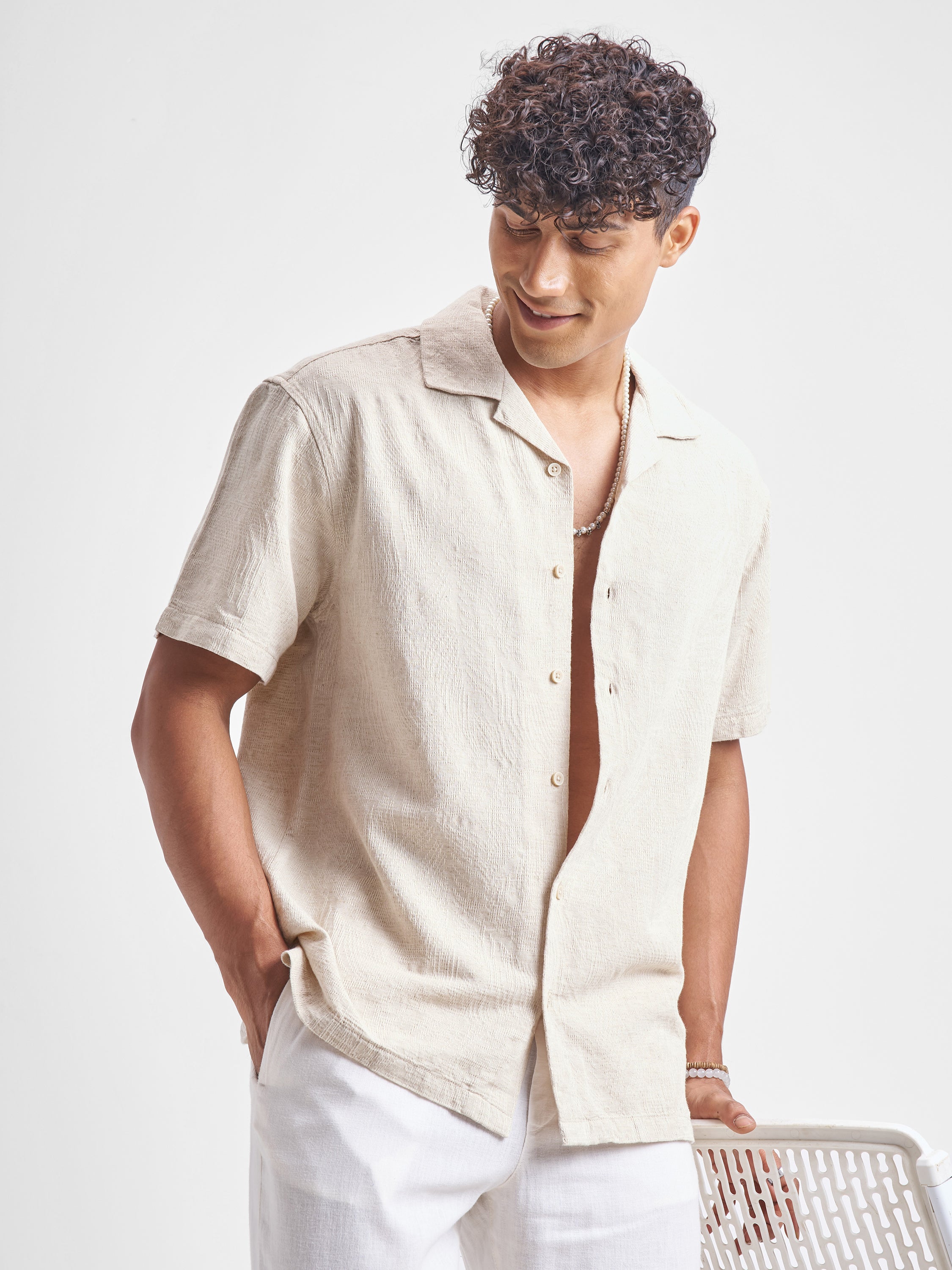 Highlander Men Beige Self Design Relaxed Fit Casual Shirt - Beige - Image 1