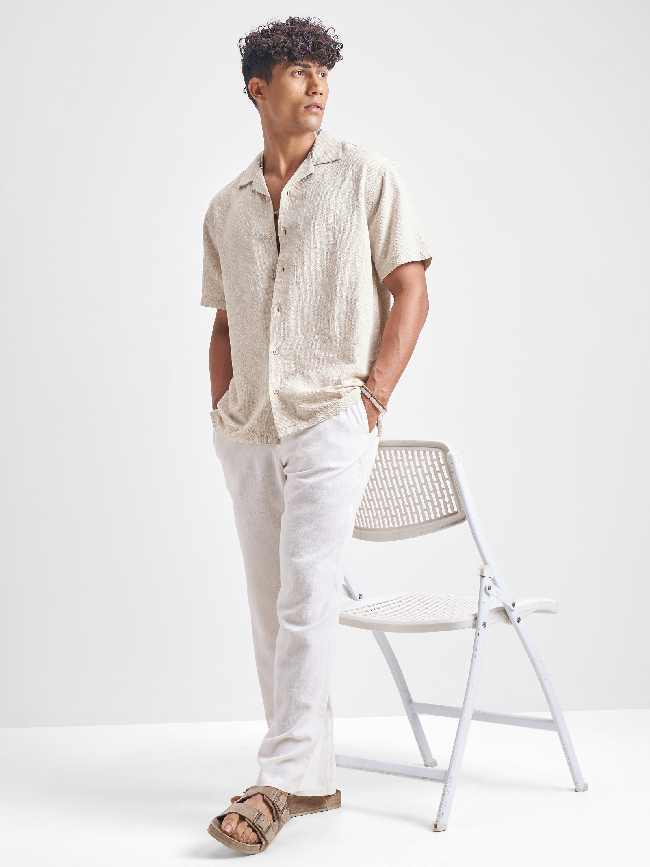 Highlander Men Beige Self Design Relaxed Fit Casual Shirt - Beige - Image 2