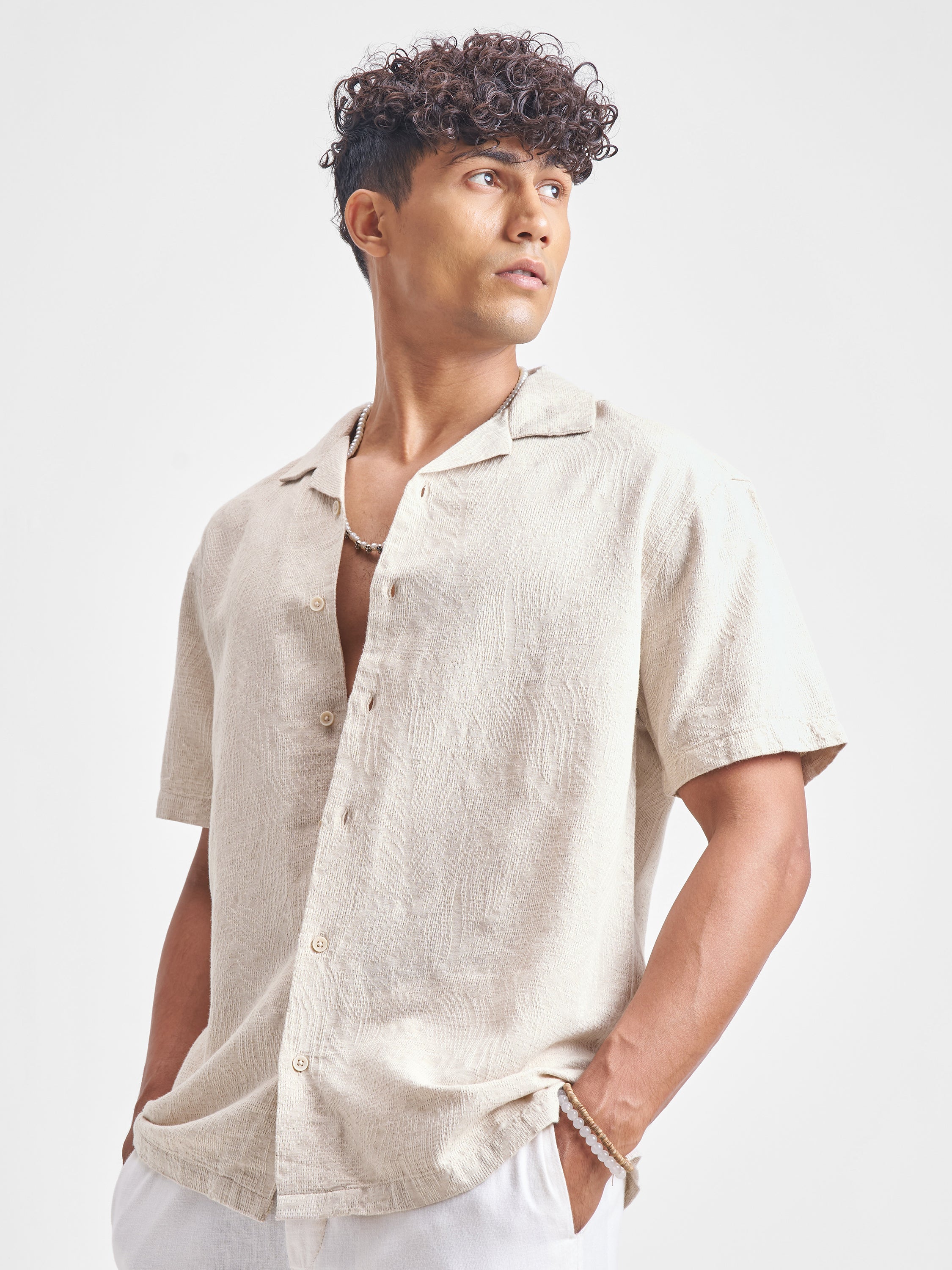 Highlander Men Beige Self Design Relaxed Fit Casual Shirt - Beige - Image 4