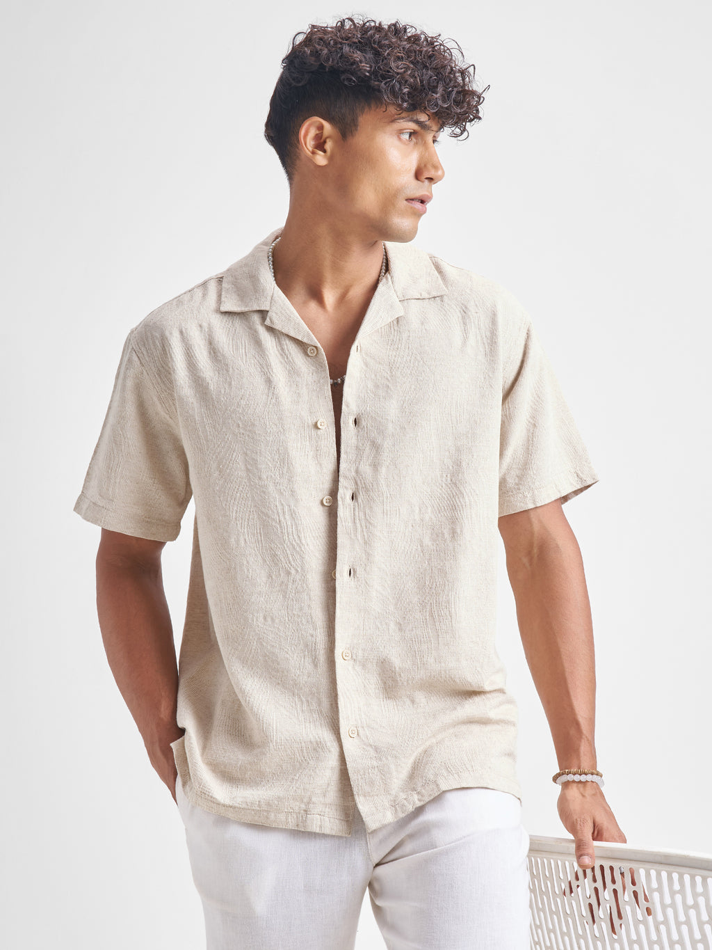 Highlander Men Beige Self Design Relaxed Fit Casual Shirt - Beige - Image 6