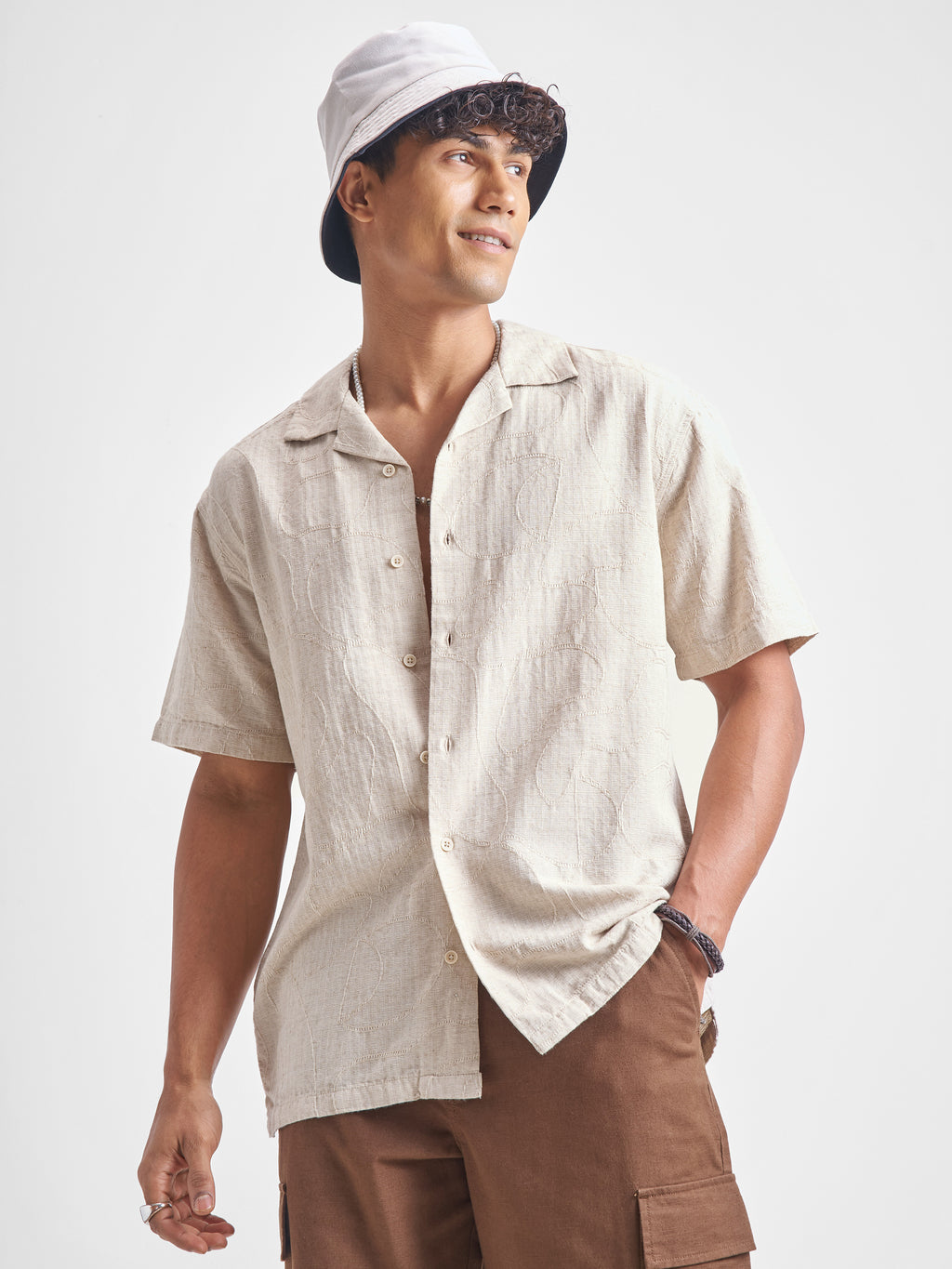 Highlander Men Beige Self Design Relaxed Fit Casual Shirt - Beige - Image 1