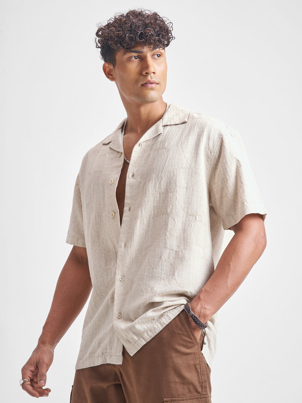 Highlander Men Beige Self Design Relaxed Fit Casual Shirt - Beige - Image 4