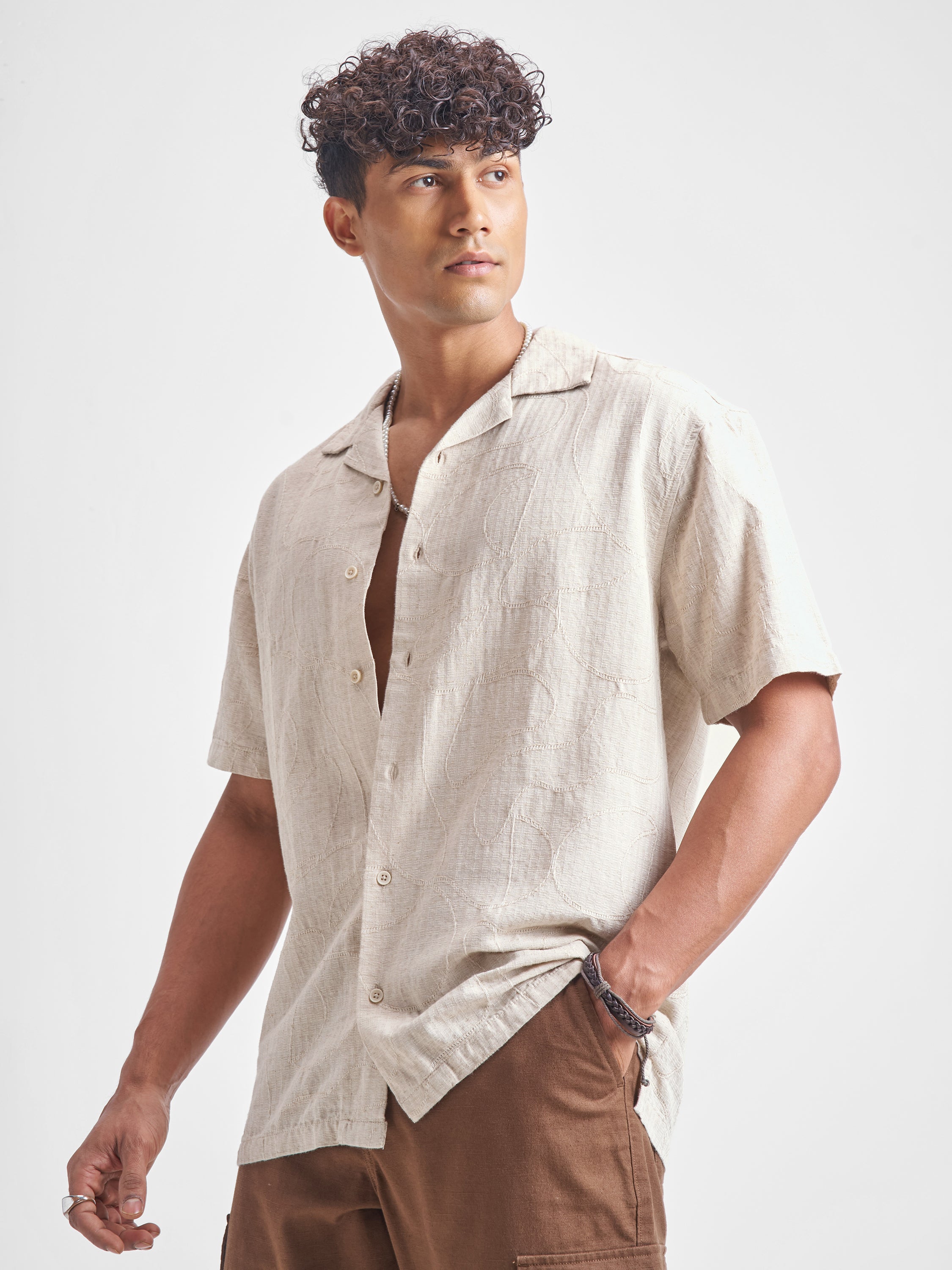 Highlander Men Beige Self Design Relaxed Fit Casual Shirt - Beige - Image 4