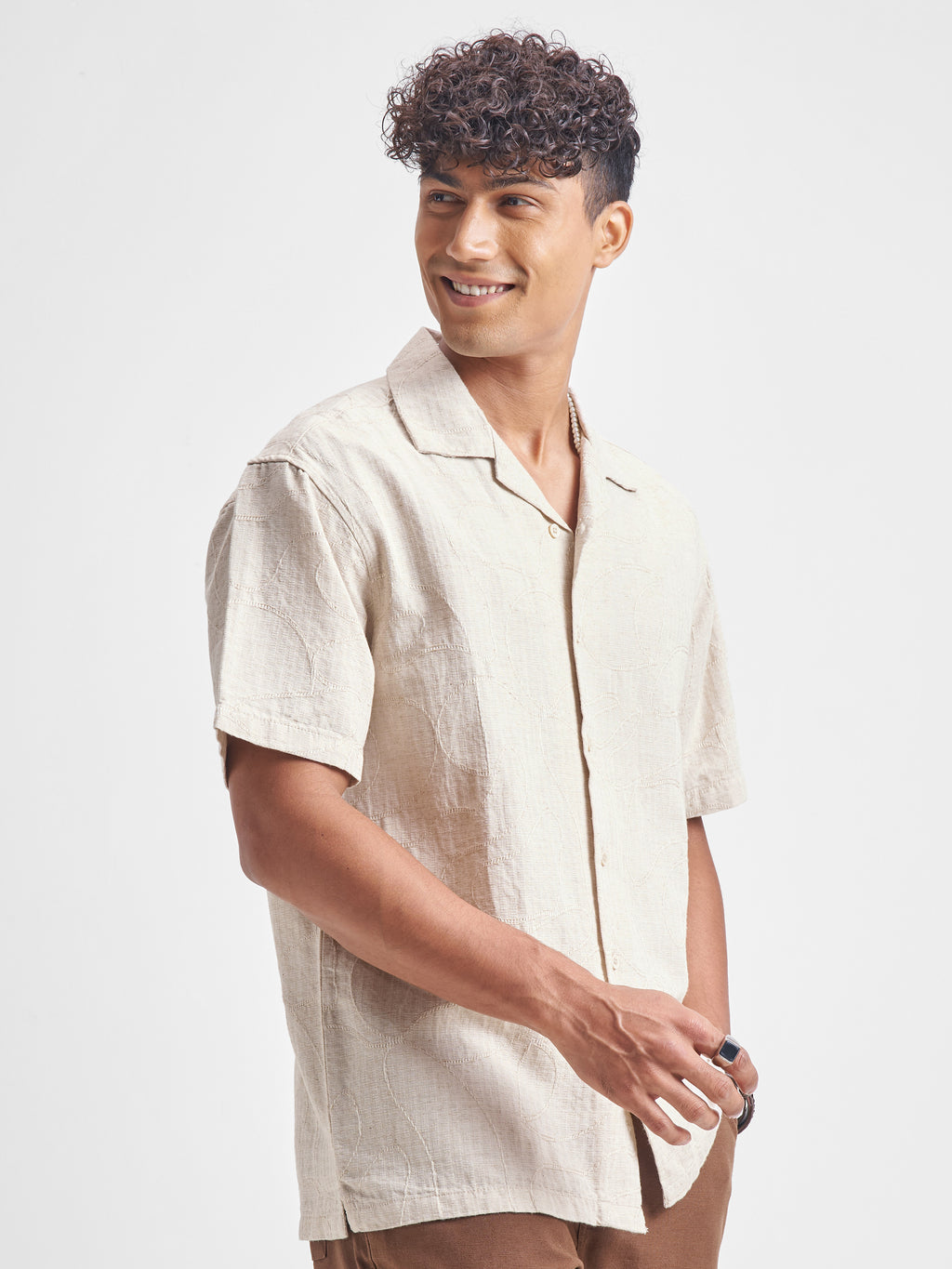 Highlander Men Beige Self Design Relaxed Fit Casual Shirt - Beige - Image 6