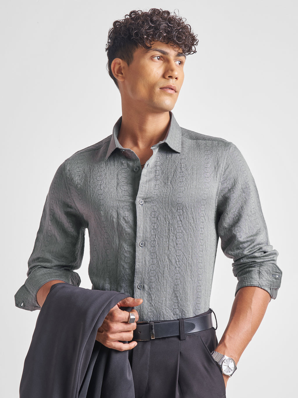 Highlander Men Grey Self Design Slim Fit Casual Shirt - Grey - Image 1