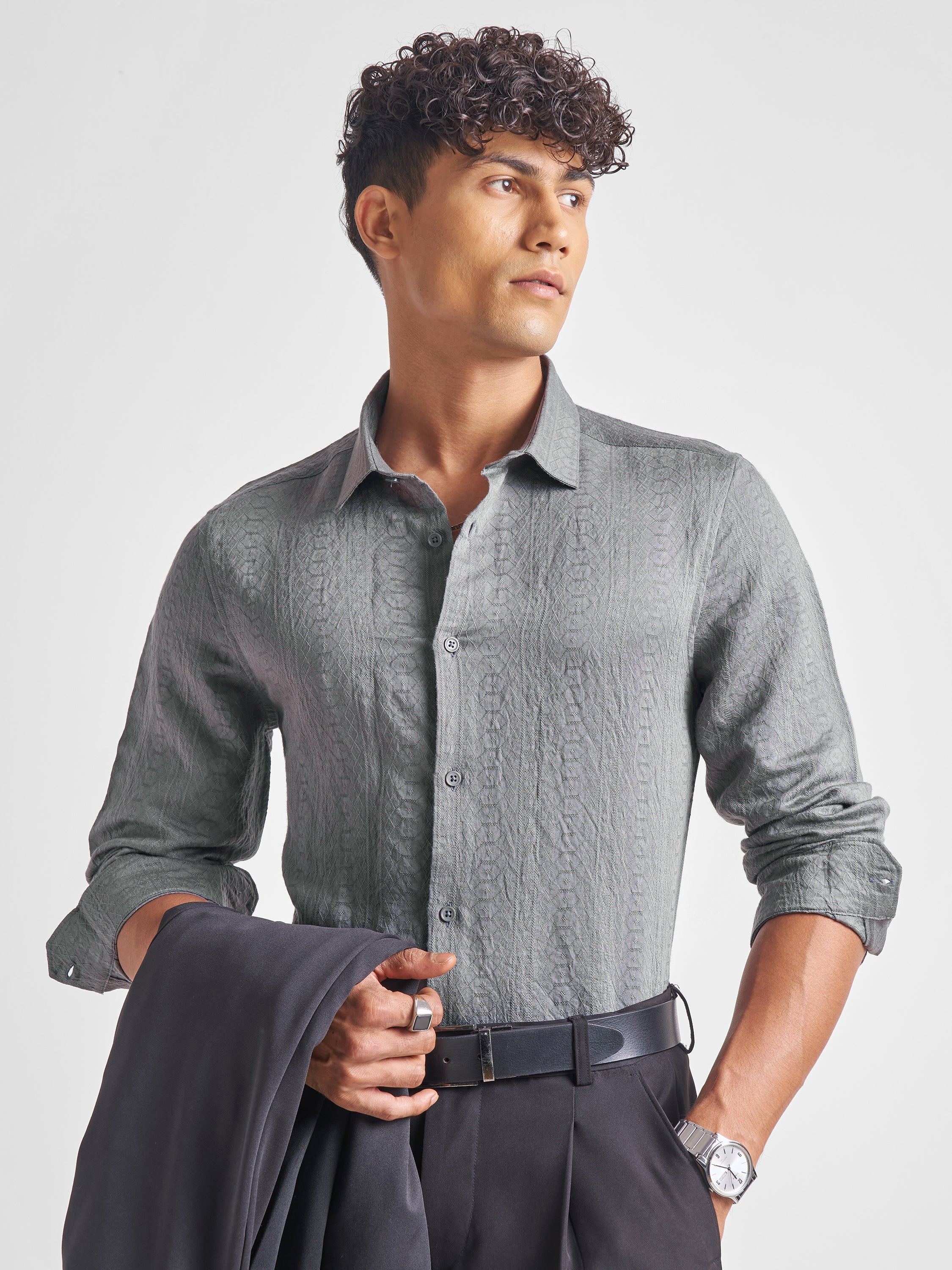 Highlander Men Grey Self Design Slim Fit Casual Shirt - Grey - Image 1