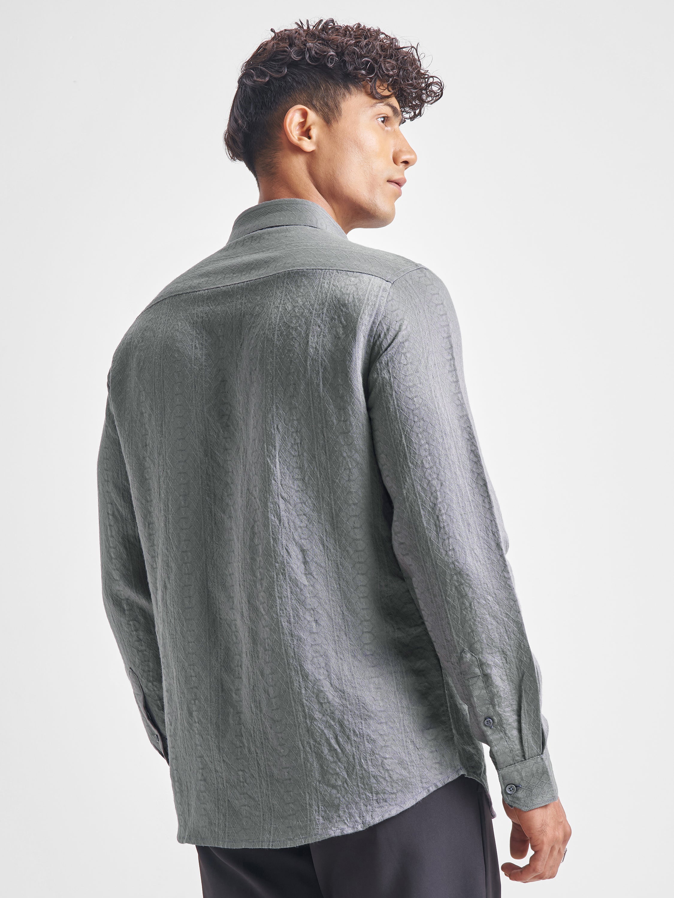 Highlander Men Grey Self Design Slim Fit Casual Shirt - Grey - Image 3