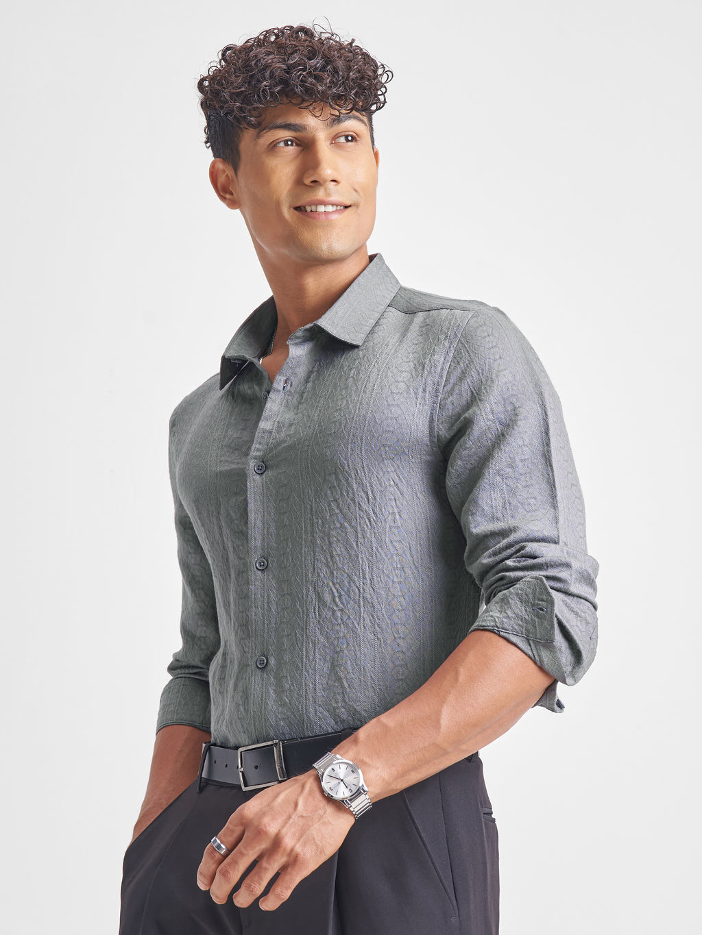 Highlander Men Grey Self Design Slim Fit Casual Shirt - Grey - Image 4