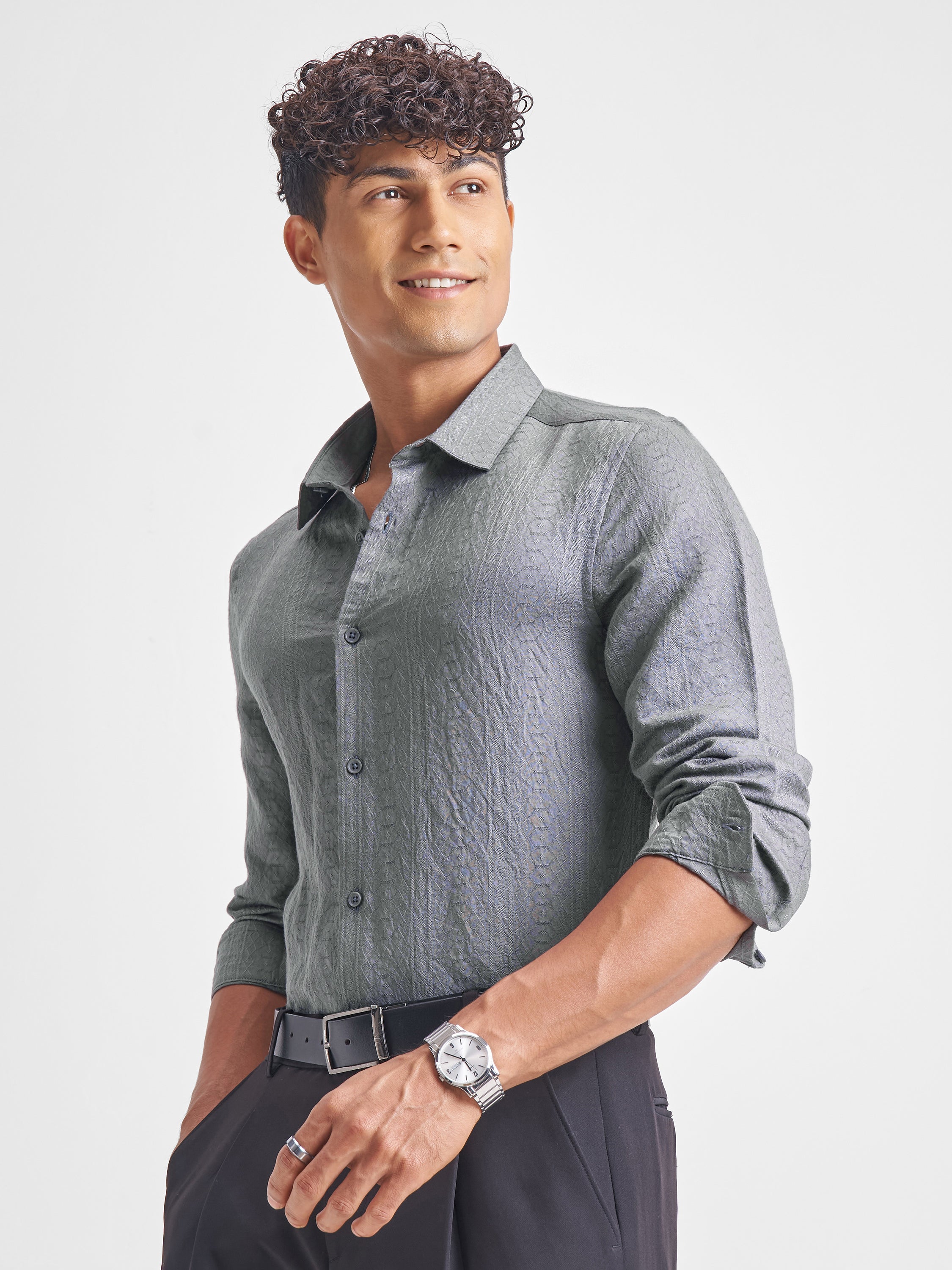 Highlander Men Grey Self Design Slim Fit Casual Shirt - Grey - Image 4