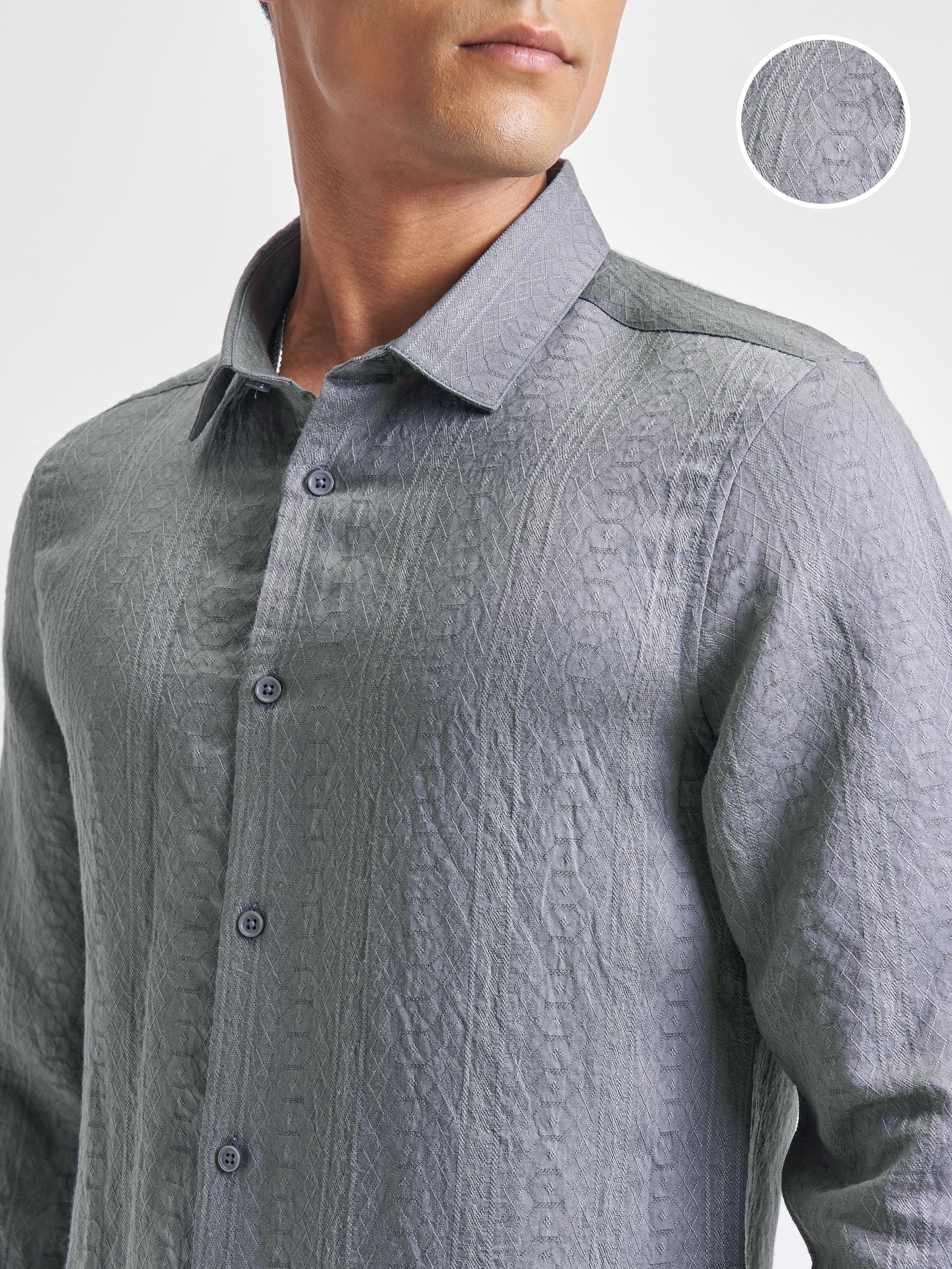 Highlander Men Grey Self Design Slim Fit Casual Shirt - Grey - Image 5