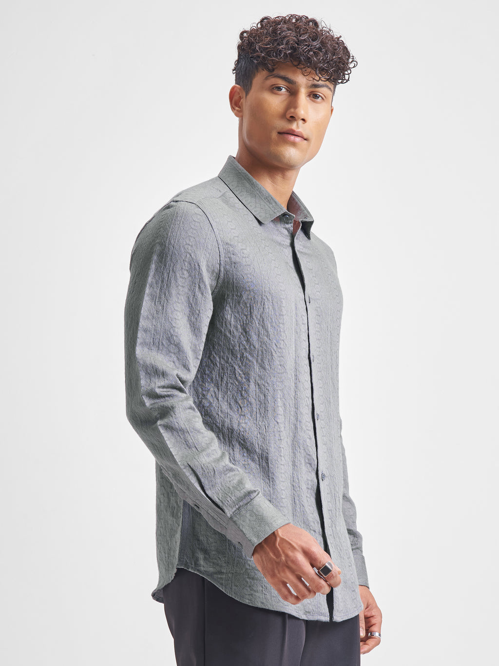 Highlander Men Grey Self Design Slim Fit Casual Shirt - Grey - Image 6
