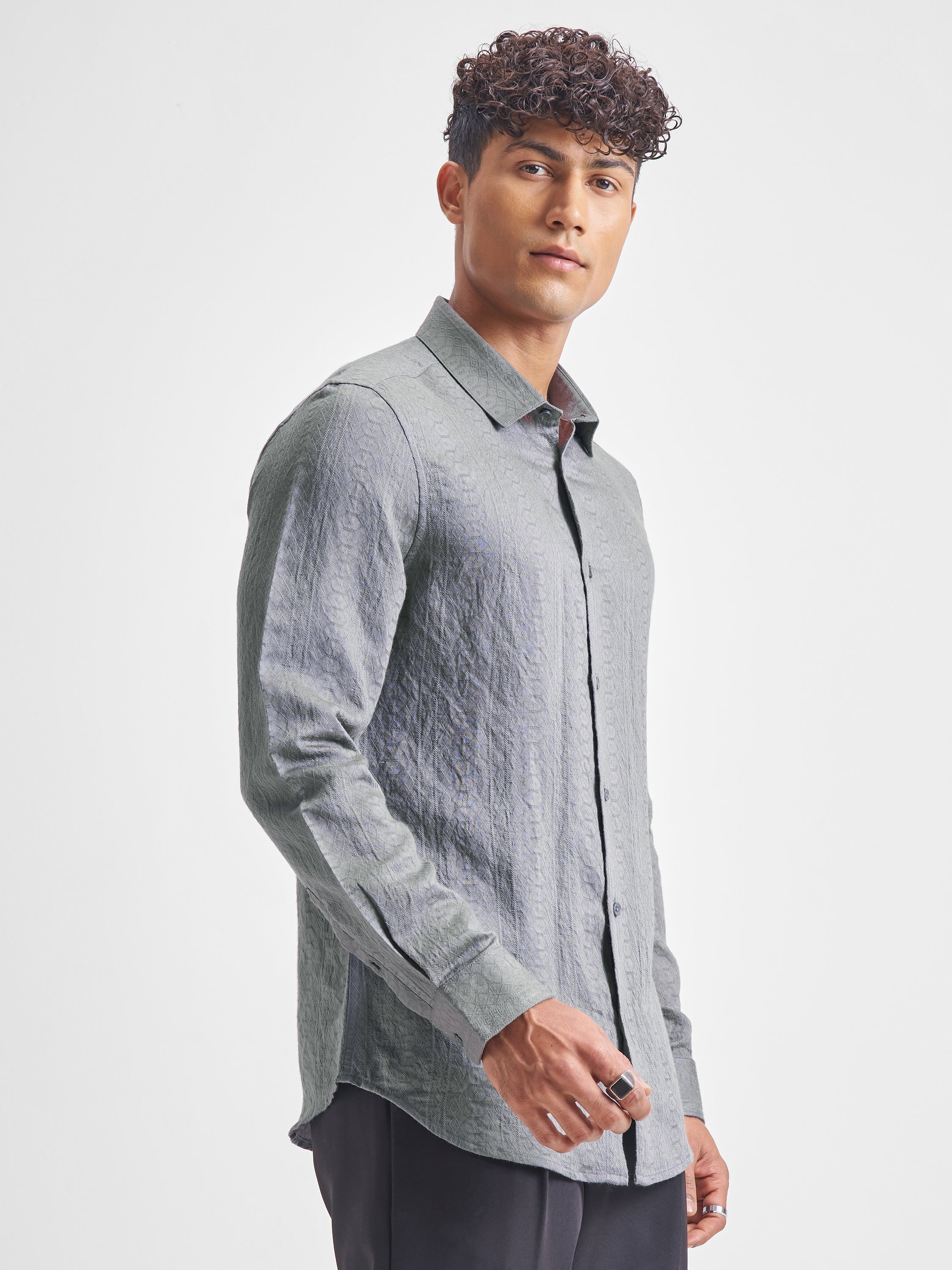 Highlander Men Grey Self Design Slim Fit Casual Shirt - Grey - Image 6